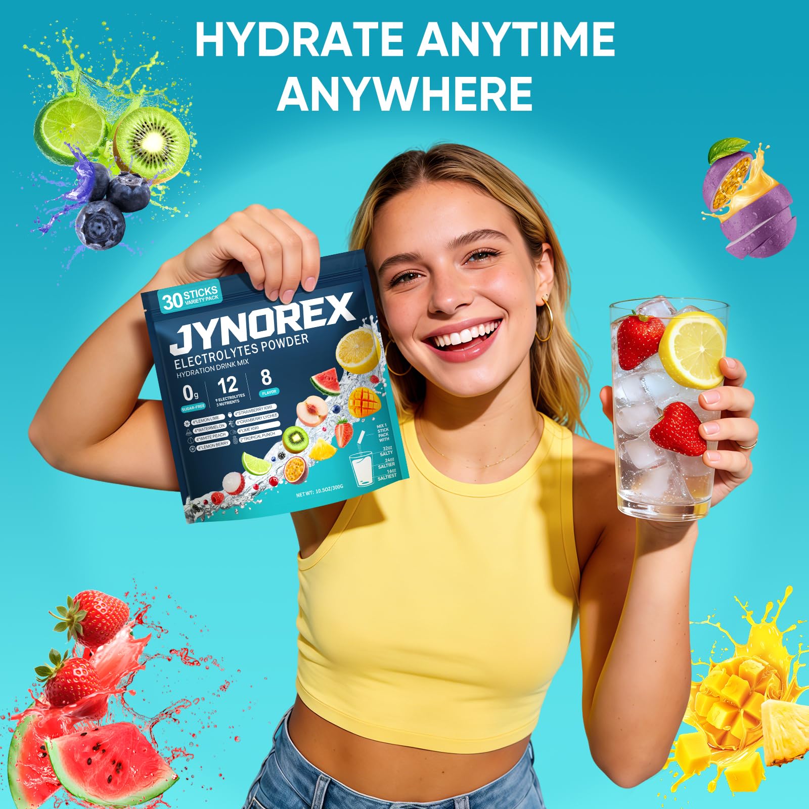 JYNOREX Electrolytes Powder Packets Sugar Free, 30 Sticks High Sodium Hydration Packets, Electrolyte Drink Mix with Lemon Lime Watermelon Peach Berry Kiwi