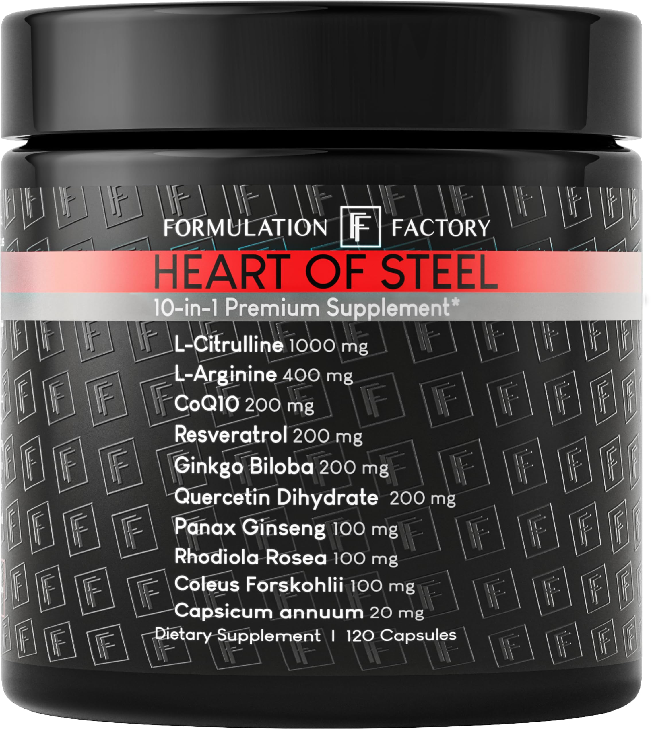 Formulation Factory Heart of Steel - L-Citrulline 1000mg with L-Arginine, CoQ10, Resveratrol, Ginkgo Biloba, Quercetin, Ginseng & Rhodiola