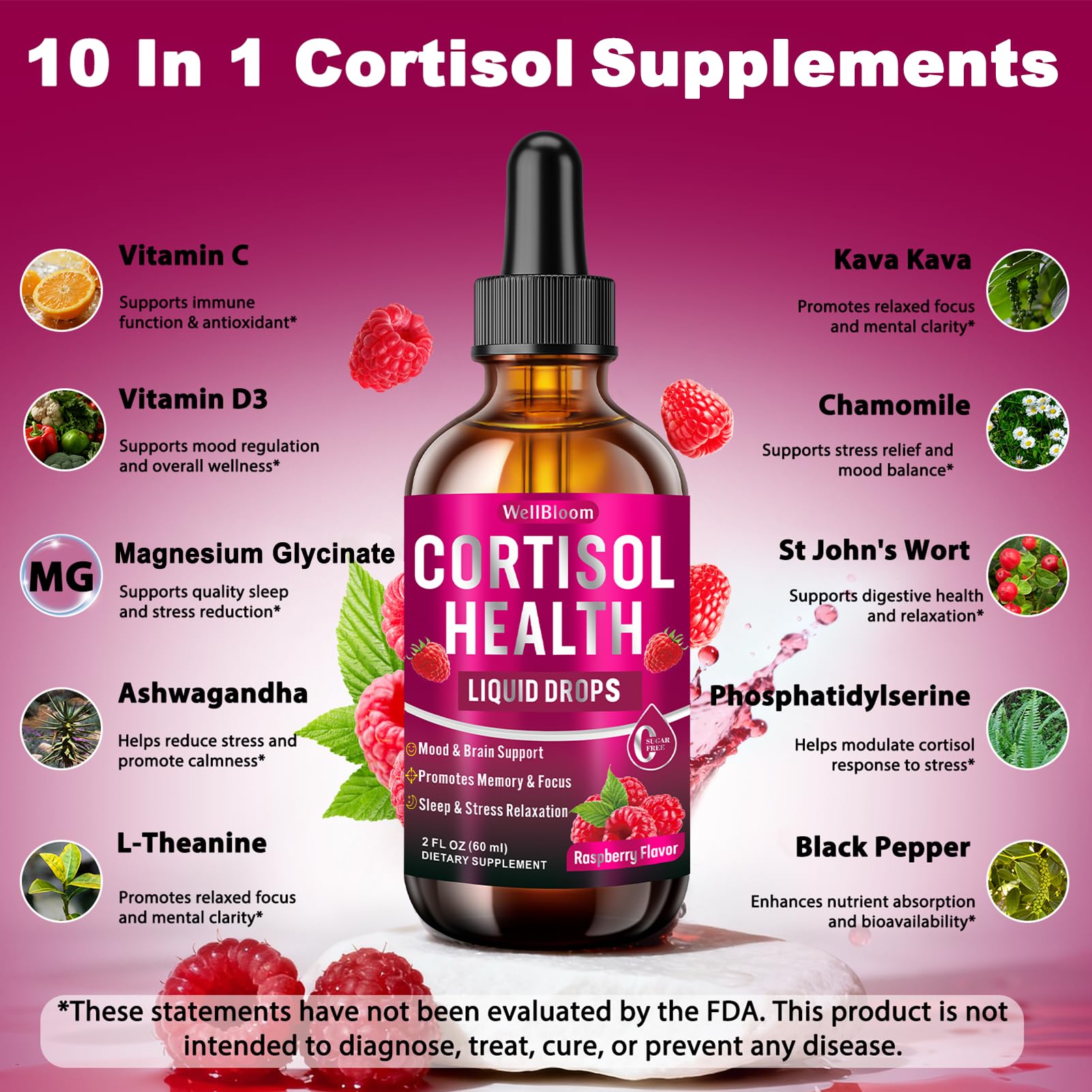 WellBloom Cortisol Reducer for Women & Men with Magnesium Glycinate, Ashwagandha, L-Theanine - Supports Stress Relief, Sleep & Heart Health, Nerves, Muscles - 2 Fl Oz WellBloom Au supplements