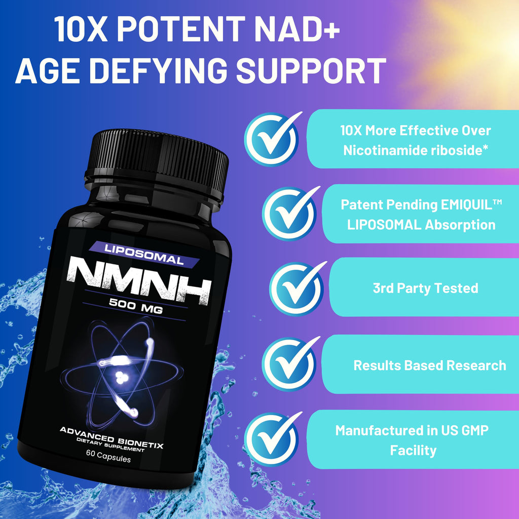 Advanced Bionetix Liposomal NMNH 500mg Per Serving -NMN Supplement Alternative- 60 Capsules (Dihydronicotinamide Mononucleotide) NAD Supplement to Boost NAD+ Levels for Anti Aging (60) Advanced Bionetix Au supplements