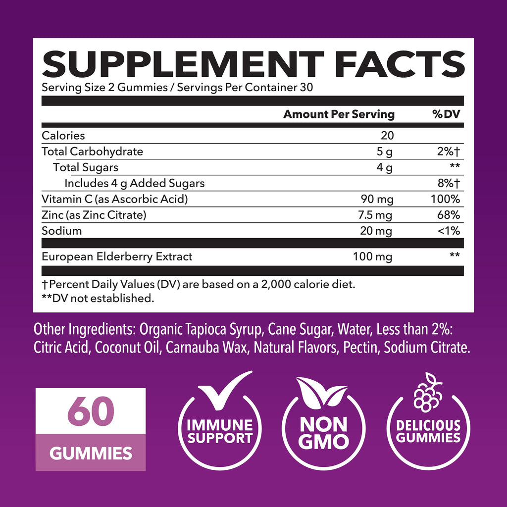 Sambucus Elderberry Gummies for Adults - Immune Support Supplement with Vitamin C and Zinc - Enhanced Formula for Daily Defense - 60 Count