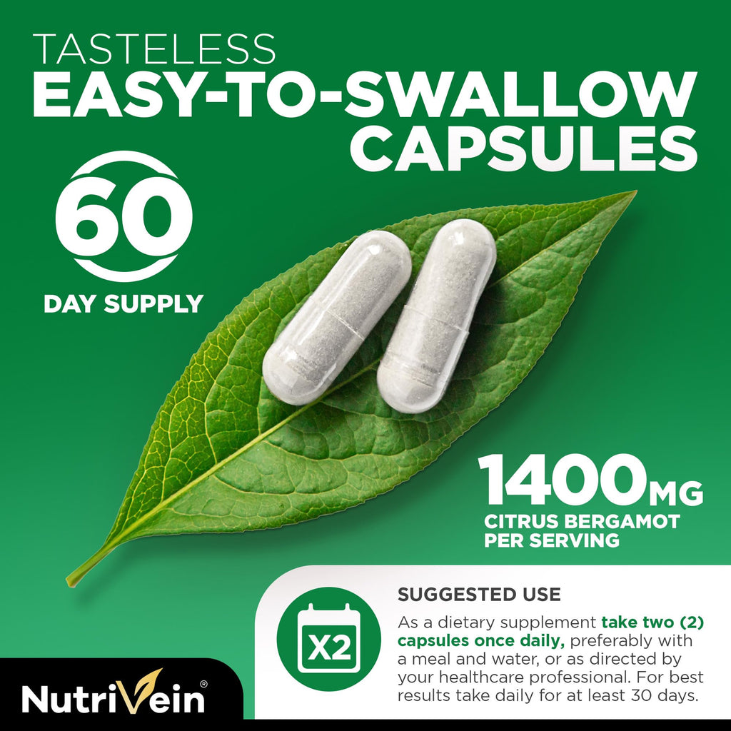 Nutrivein Premium Citrus Bergamot Supplement 1400mg 25:1 Bergamia Extract - 60 Day Supply (120 Capsules): Powerful Italian Citrus Bergamot 1400 mg+
