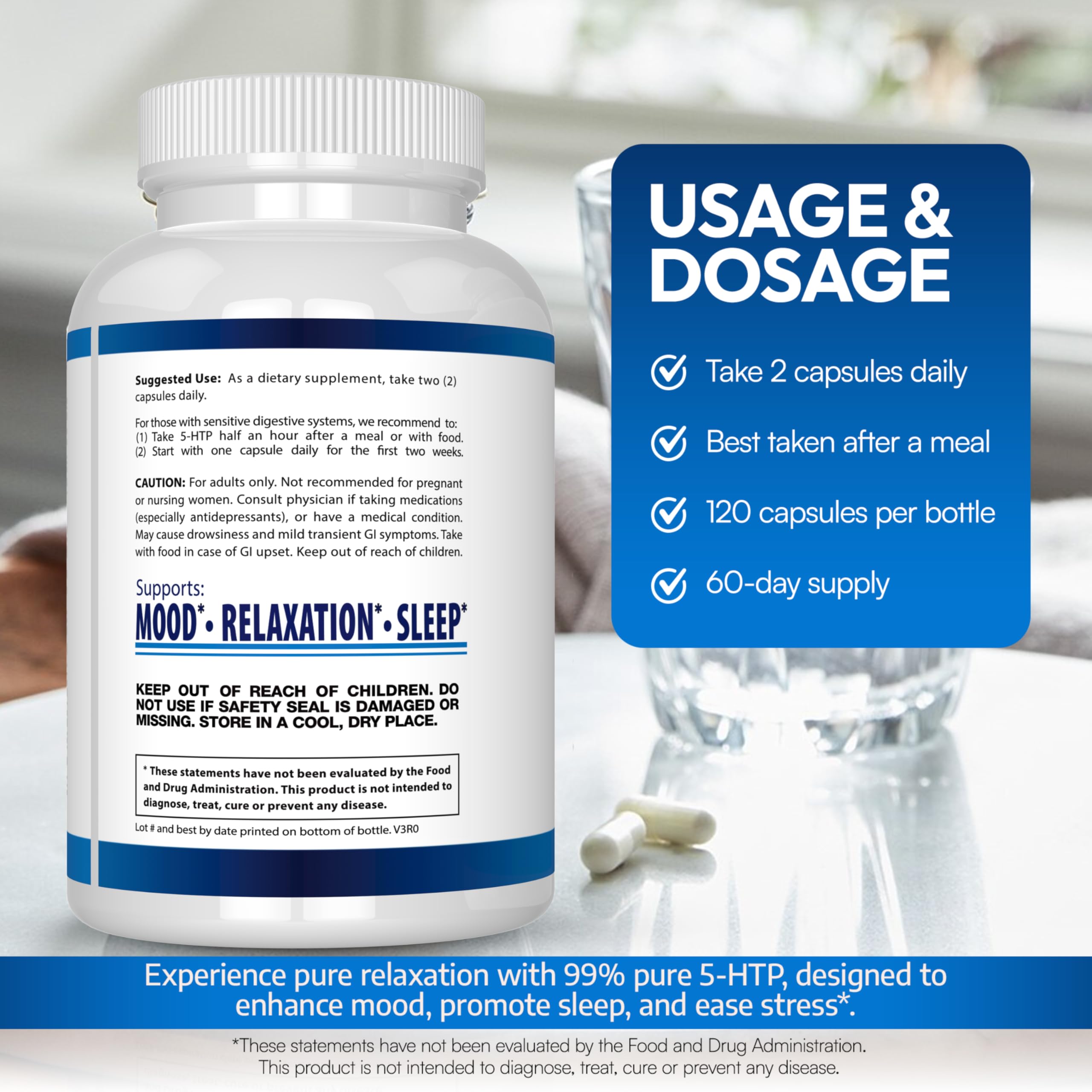 5-HTP 200 MG Per Serving Plus Calcium for Mood, Sleep – Supports Calm and Relaxed Mood – 99% High Purity – 120 Capsules – Arazo Nutrition