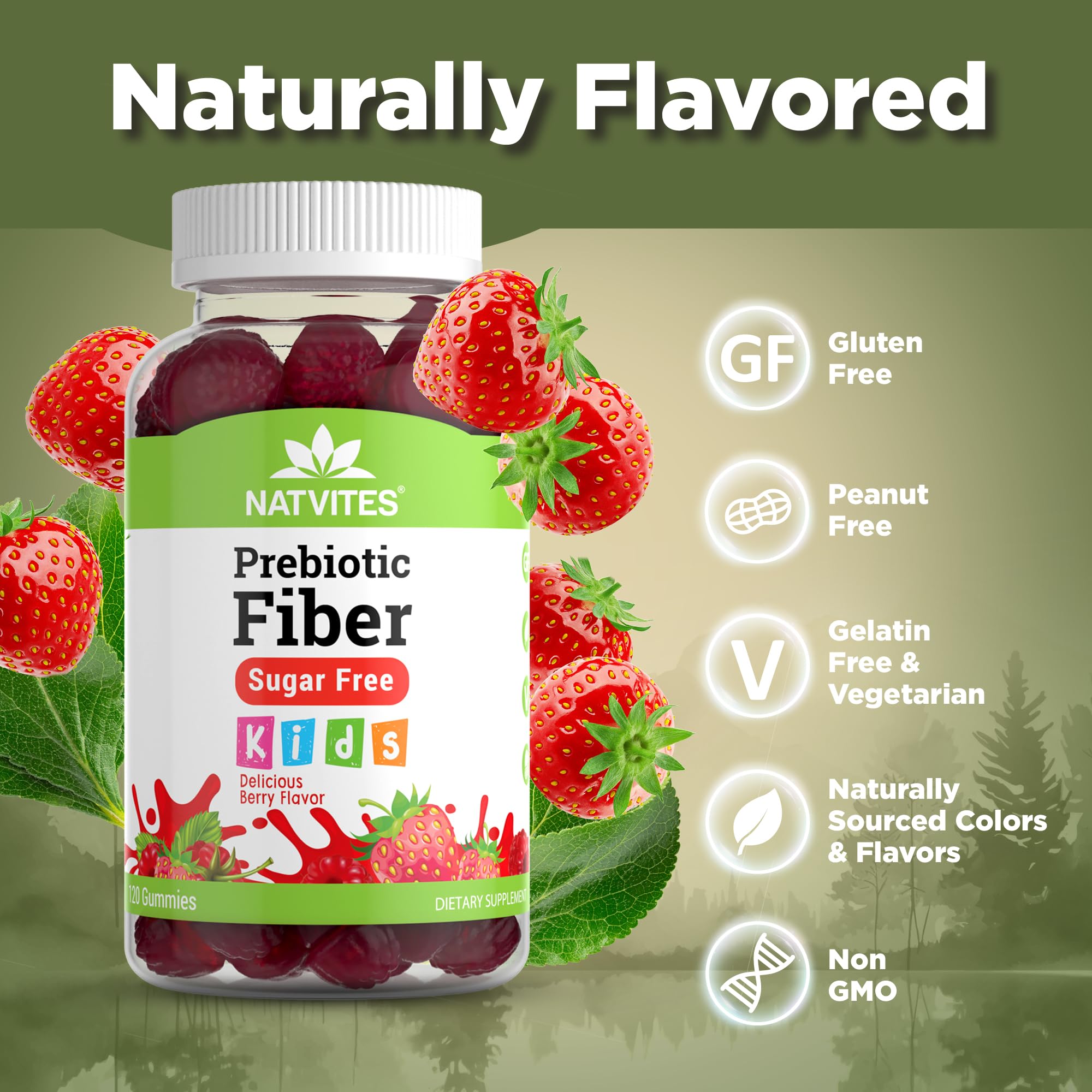 Natvites Prebiotic Kids Fiber Gummies, for Children Ages 2 & Up - Sugar Free Vegetarian Gelatin Free Non-GMO, Kids Fiber Supplements
