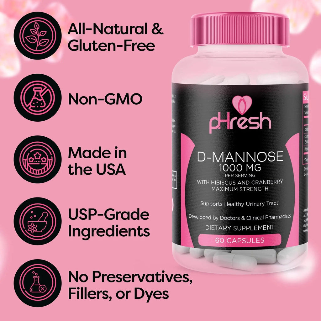 ACE NUTRITION pHresh D-Mannose with Cranberry Capsules for Women and Men, Maximum Strength 1000 mg Per Serving - Supports: Urinary Tract Health - Made in The USA ACE NUTRITION Au supplements