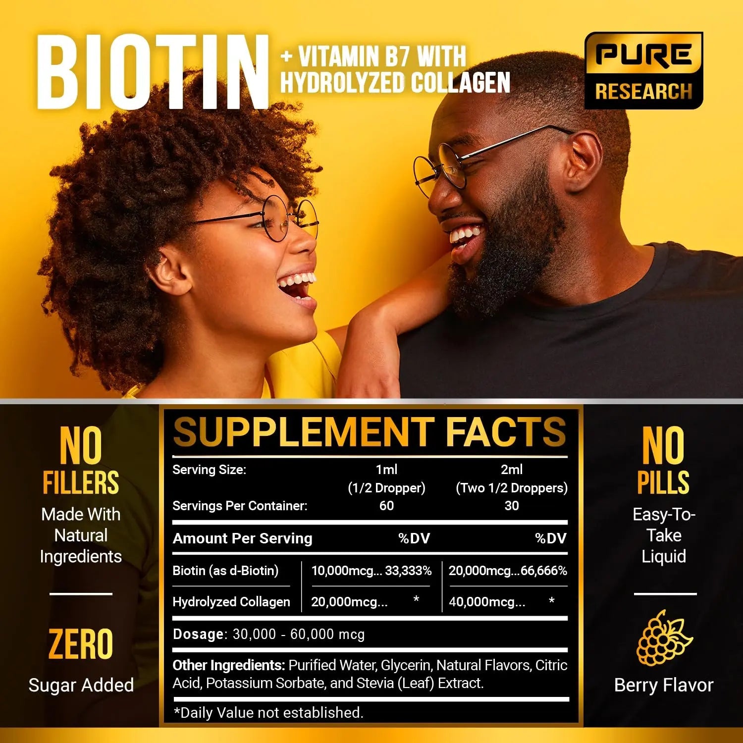 PURE RESEARCH Liquid Biotin & Collagen Hair Growth Drops 60,000mcg – Biotin and Liquid Collagen Supplements for Women & Men – Supports Glowing Skin PURE RESEARCH Au supplements