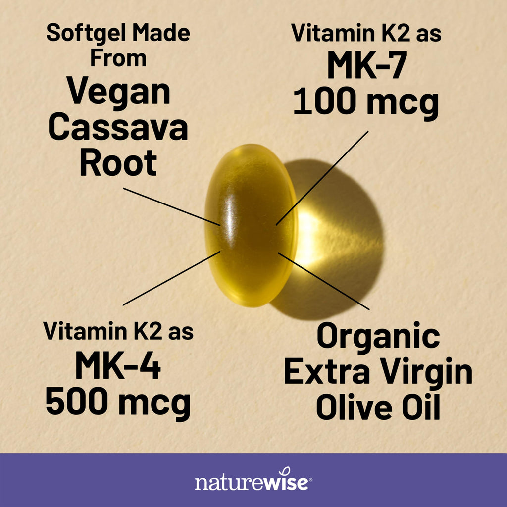 NatureWise Vitamin K2 600mcg Supplement with MK-7 100mcg & MK-4 500mcg - Enhanced Bioavailable Formula - K Complex for Bone and Heart Health