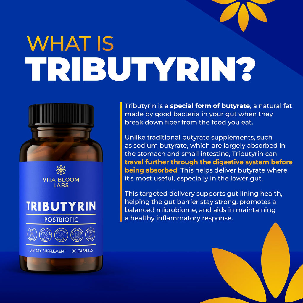 Tributyrin Supplement - Better Delivery & More Effective than Sodium Butyrate - Gut Health & Digestive Support - 3-in-1 Butyrate Postbiotics for Leaky Gut & Gut Barrier Support - 30 Capsules Vita Bloom Labs Au supplements