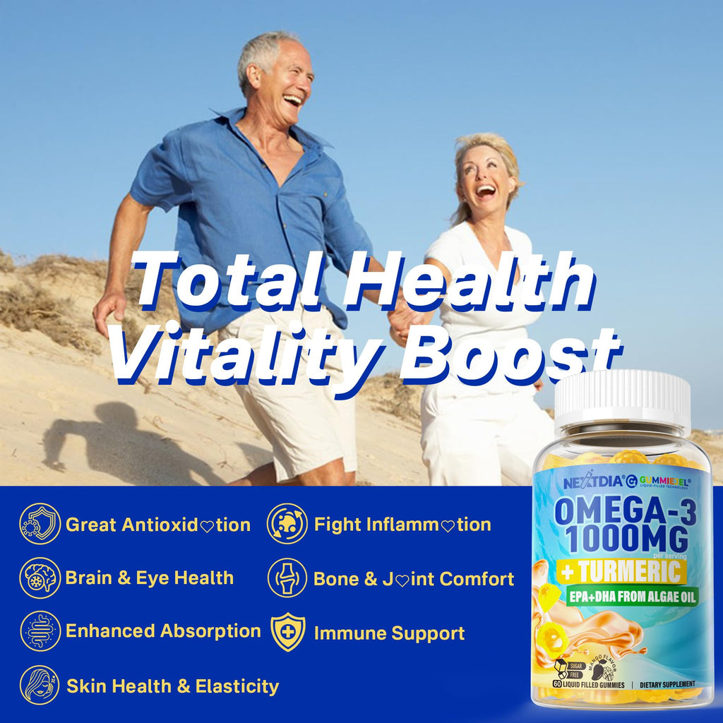 Vegan Omega-3 Gummies 1000mg + Turmeric - Omega 3 Fish Oil Alternative for Adults - Algae DHA 600mg & EPA 300mg