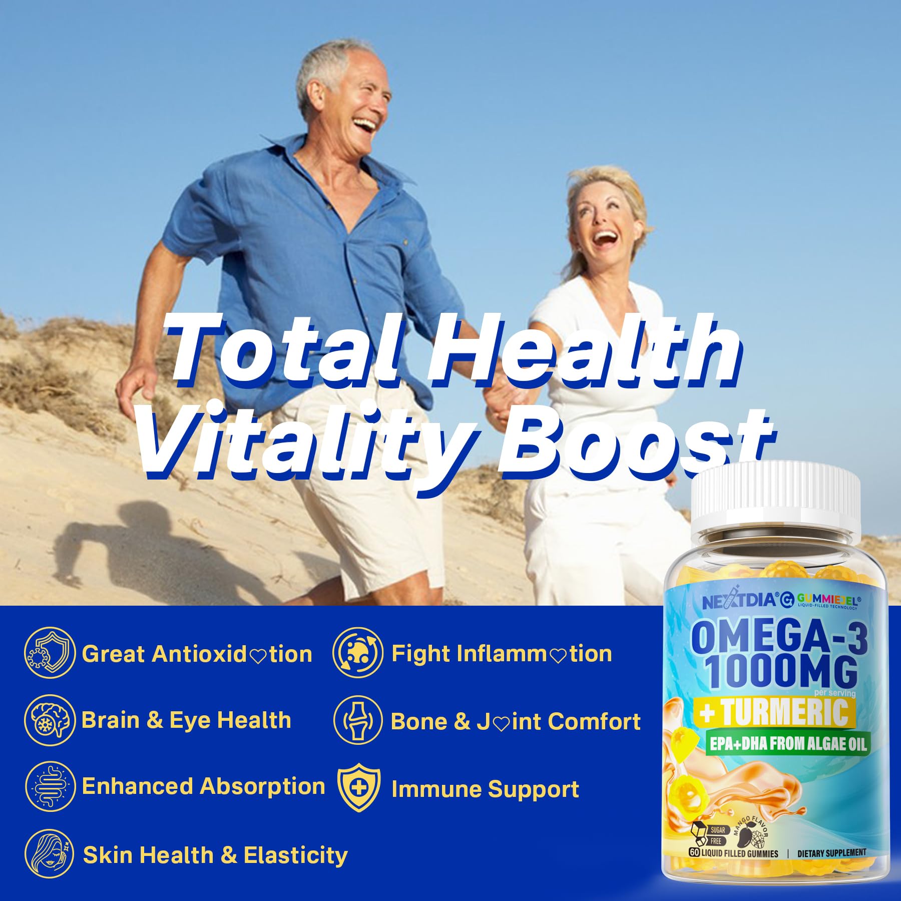 Vegan Omega-3 Gummies 1000mg + Turmeric - Omega 3 Fish Oil Alternative for Adults - Algae DHA 600mg & EPA 300mg