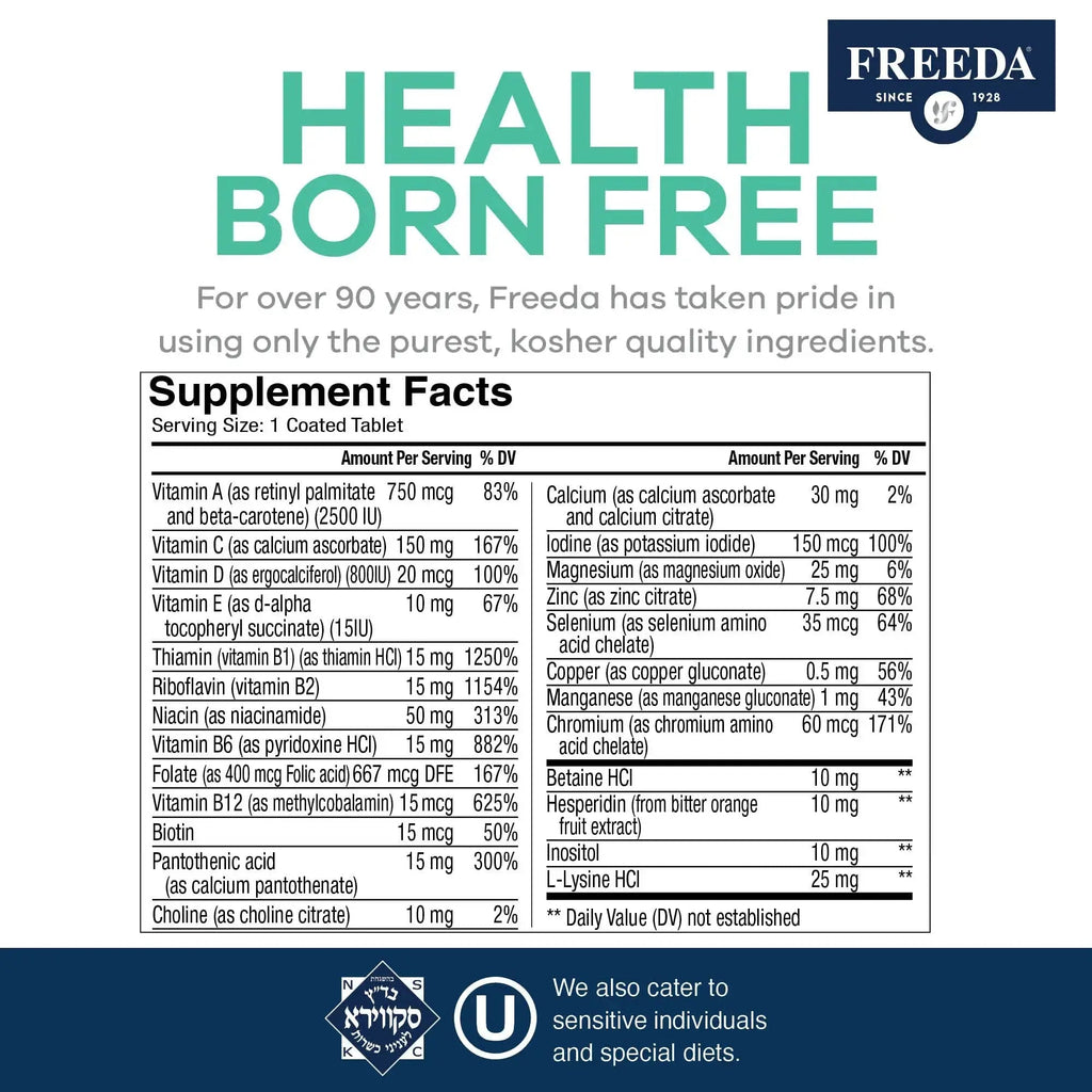 Freeda Senior Multivitamin - Kosher Vitamins for Men & Women 60 and Over - One Daily Coated Tablet - Women’s & Men’s Vitamins Multivitamin 60 Plus FREEDA Au supplements