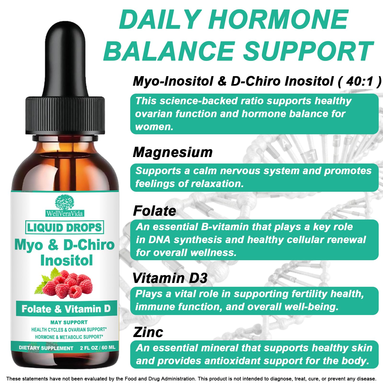 Myo Inositol & D-Chiro Inositol Supplement Liquid for Women- Ideal 40:1 Ratio Inositol Drops with MTHF Folate, Magnesium, Vitamin D, Supports Hormone Balance, Regular Cycles & Ovarian Health丨Vegan WellVeraVida Au supplements