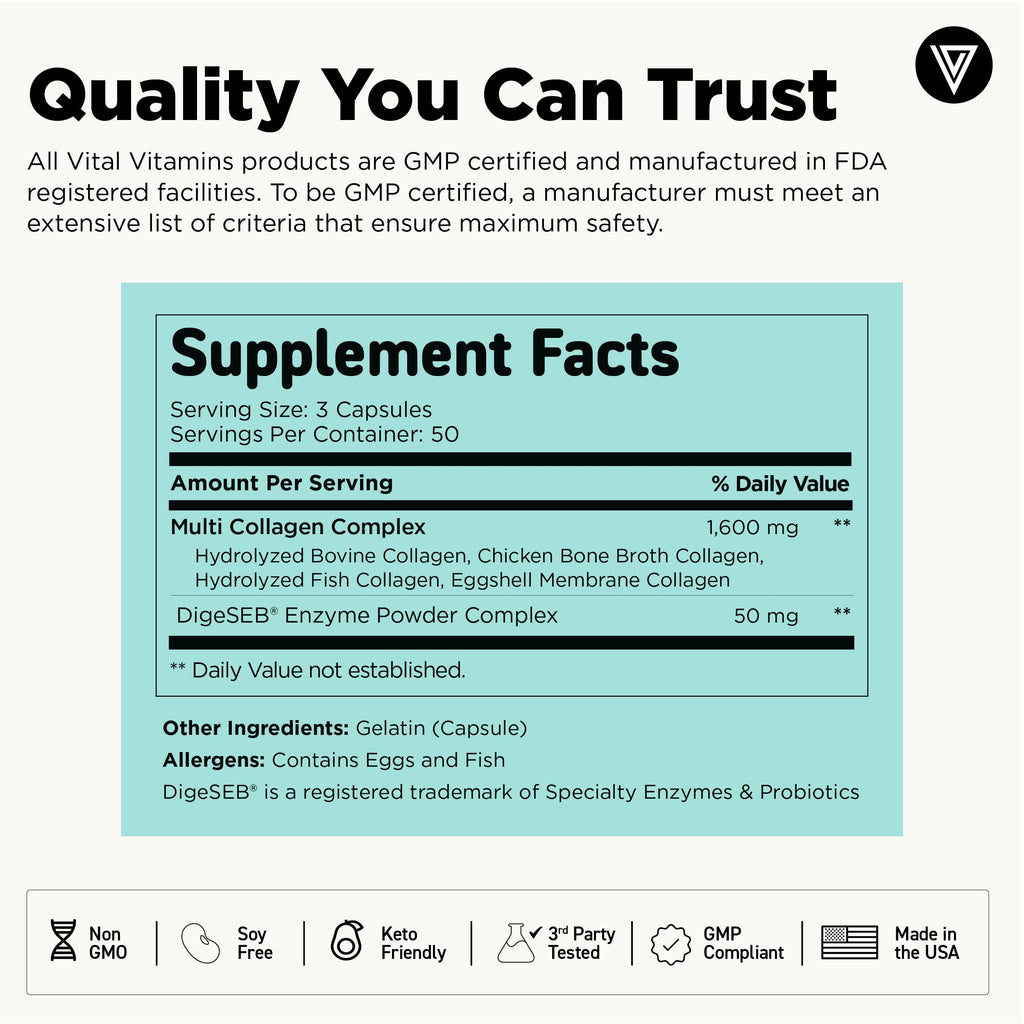 Vital Vitamins Multi Collagen for Women & Men - Type I, II, III, V, X - Grass Fed, Non-GMO - 150 Capsules