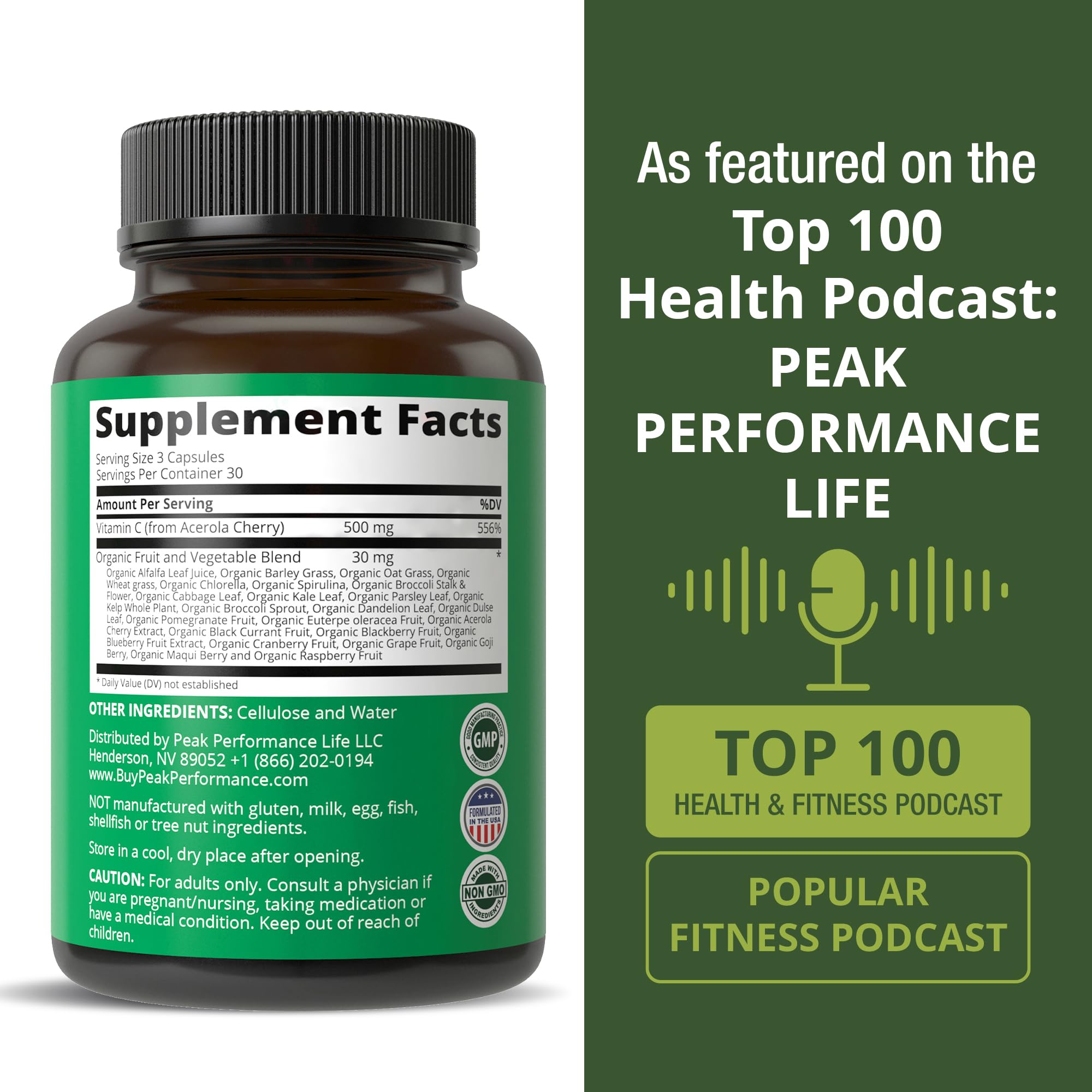 Peak Performance Raw Whole Food Natural Vitamin C Capsules from Acerola Cherry for Max Absorption. Vegan USA Sourced Vitamin C Supplement 90 Pills. 500 mg Serving or 2 Servings 1000mg Peak Performance Au supplements