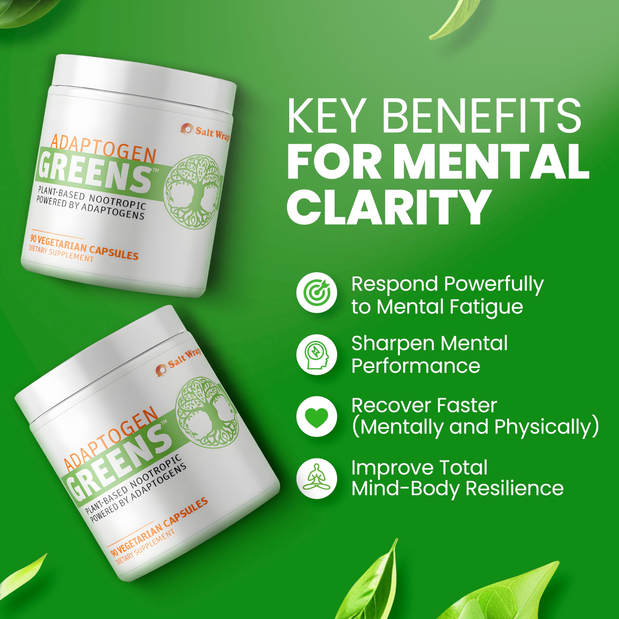 SaltWrap Adaptogen Greens - Mind-Body Resilience Formula - Caffeine-Free Nootropic for Stress, Focus, and Cognitive Performance - 90 Capsules SaltWrap Au supplements