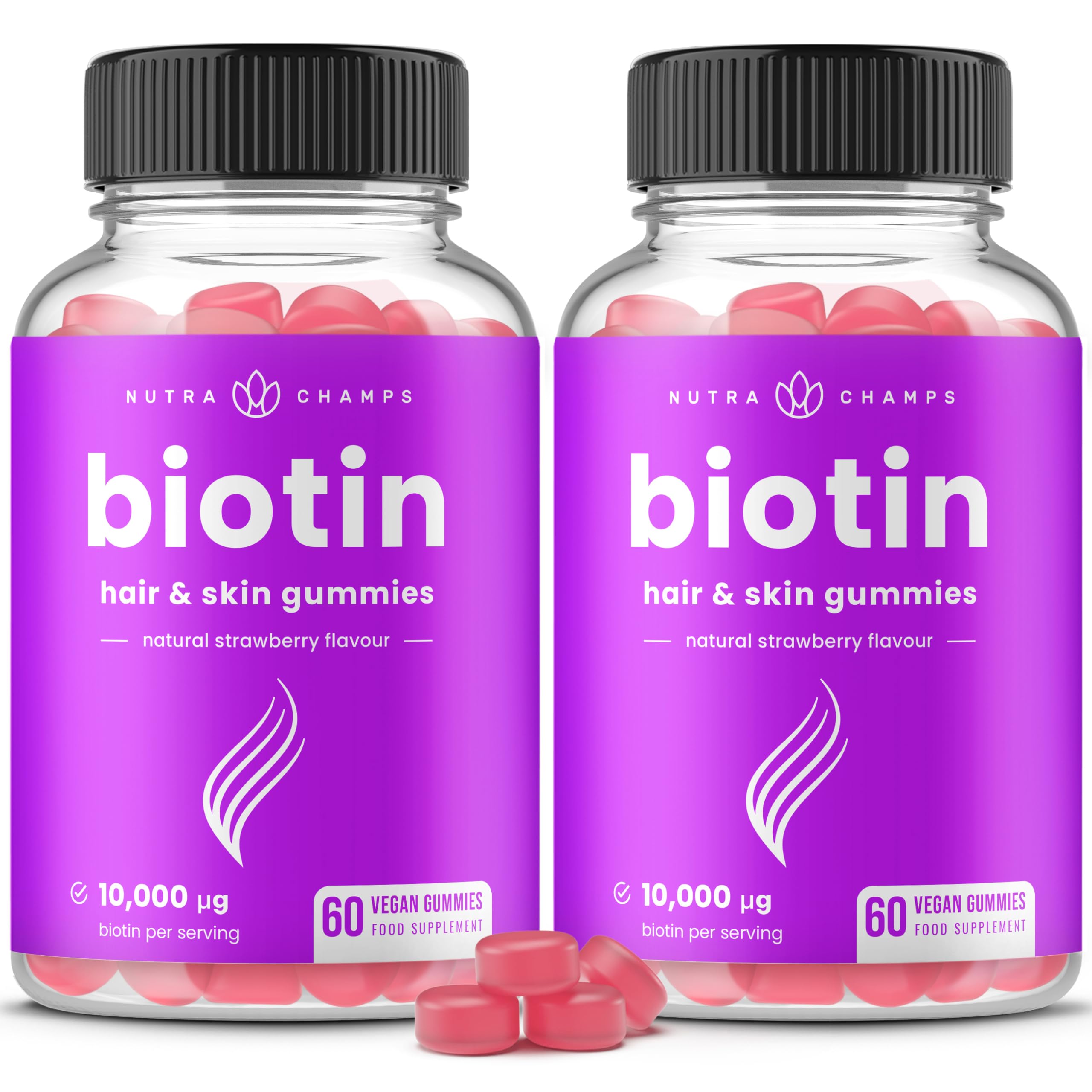 NutraChamps (2 Pack) Biotin Gummies 10,000mcg [High Potency] for Healthy Hair, Skin & Nails for Adults & Kids - 5000mcg in Each Gummy Vitamin - Vegan, Non-GMO