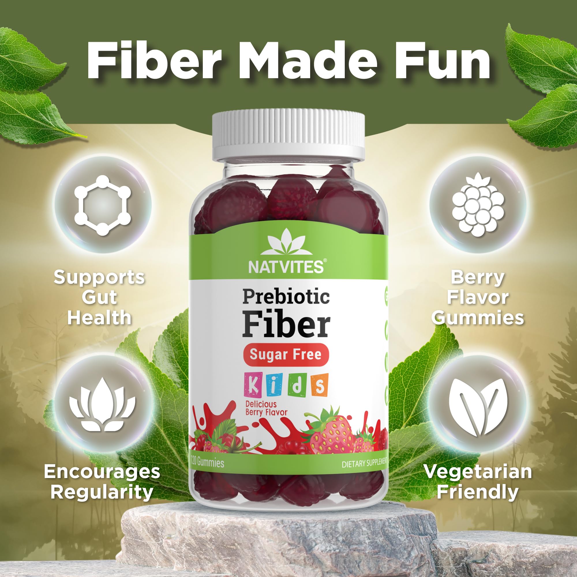Natvites Prebiotic Kids Fiber Gummies, for Children Ages 2 & Up - Sugar Free Vegetarian Gelatin Free Non-GMO, Kids Fiber Supplements