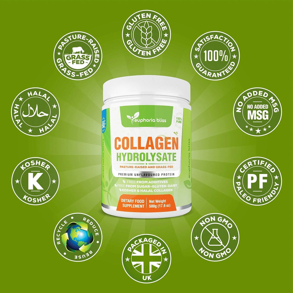 Premium Collagen Powder 500g Unflavoured High Grade Hydrolysed Collagen Joints, Bones, Gut, Wrinkles, Hair, Skin, Nails, Pain, Injury, Sleep, Fitness, Keto Euphoria Bliss Au supplements
