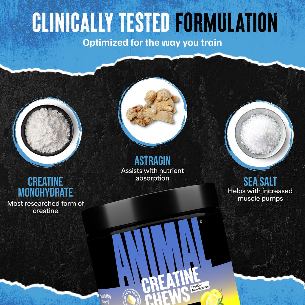 Animal Creatine Chews Tablets - Enhanced Creatine Monohydrate with AstraGin to Improve Absorption, Sea Salt for Added Pumps, Delicious and Convenient Chewable Tablets - Lemon Ice Animal Au supplements