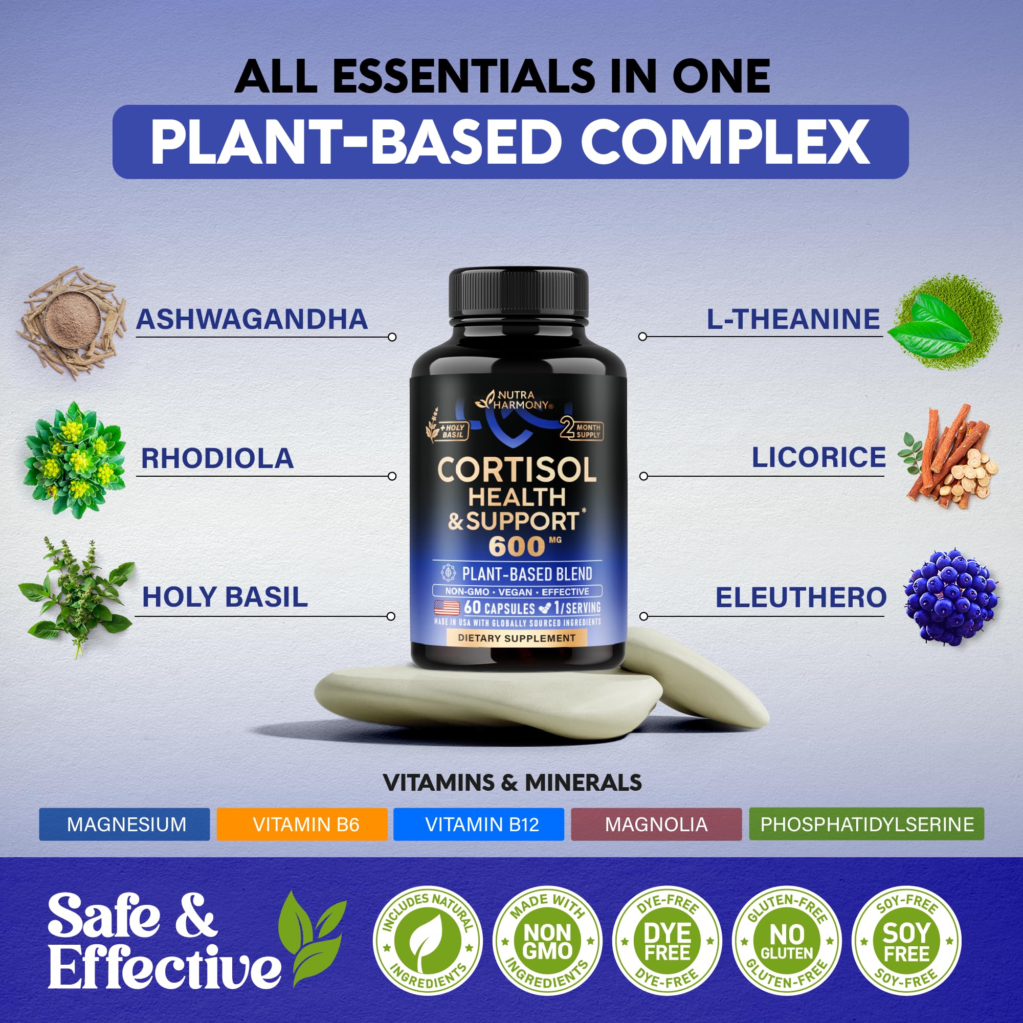 Cortisol Supplement for Women - Holy Basil | Ashwagandha | Rhodiola | L-Theanine - Plant-Based Hormone Balance - Mood, Focus & Sleep Support - Made in USA