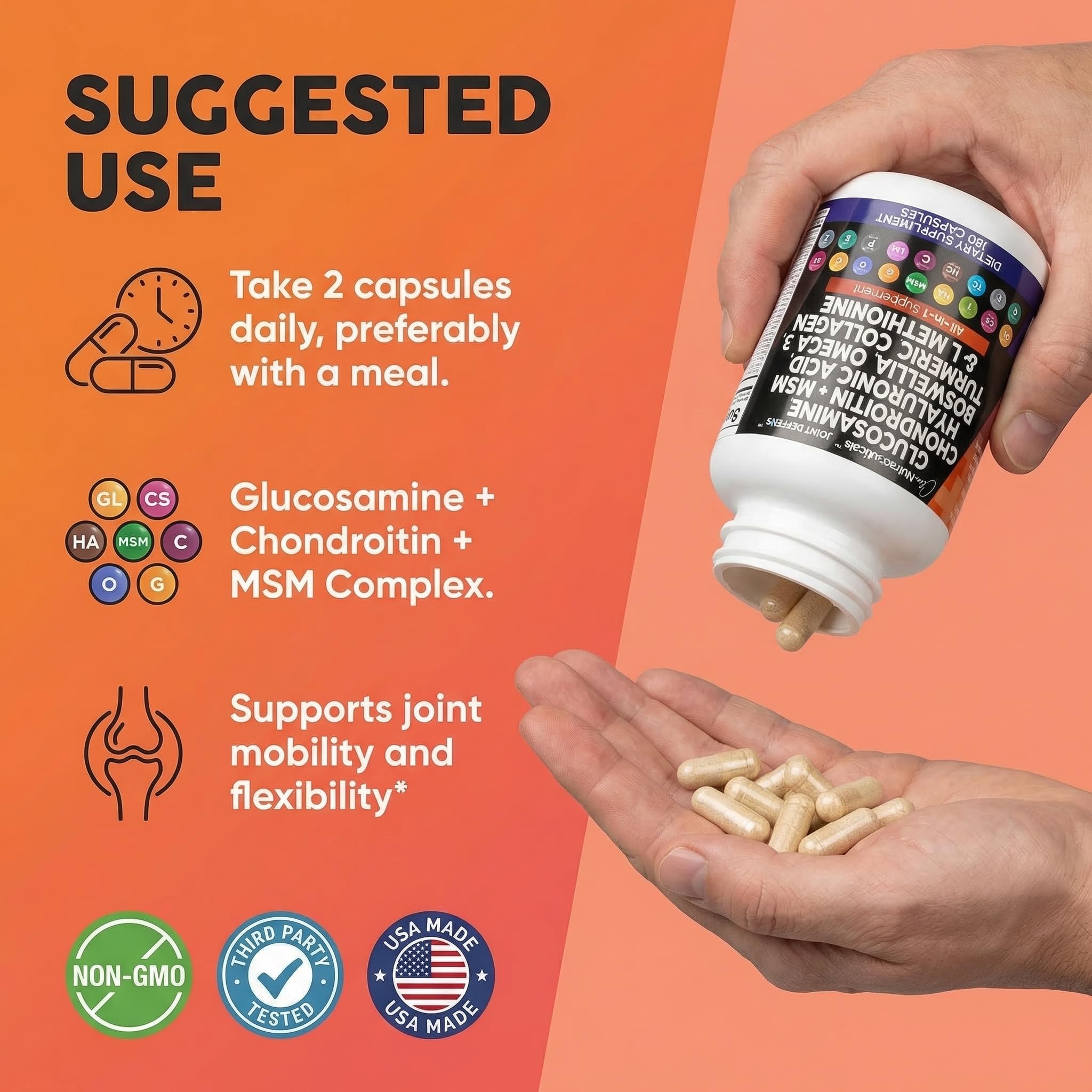 Clean Nutraceuticals Glucosamine 1500mg Chondroitin 1200mg MSM with Turmeric Curcumin, Collagen, Hyaluronic Acid, Omega 3 – Joint Health Supplement for Men & Women