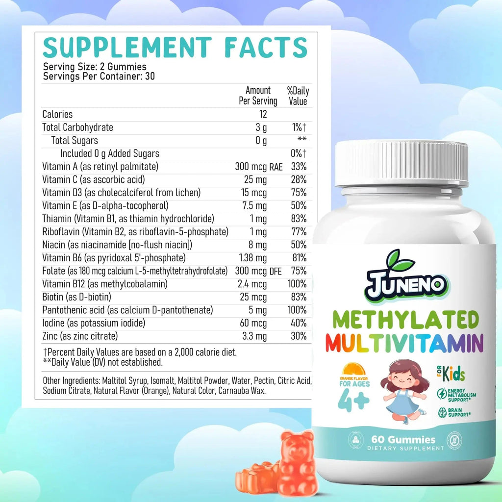 Juneno Methylated Multivitamin Gummies for Kids - MTHFR Support Supplement with B Complex 5-MTHF Folate (L-Methylfolate) Juneno Au supplements