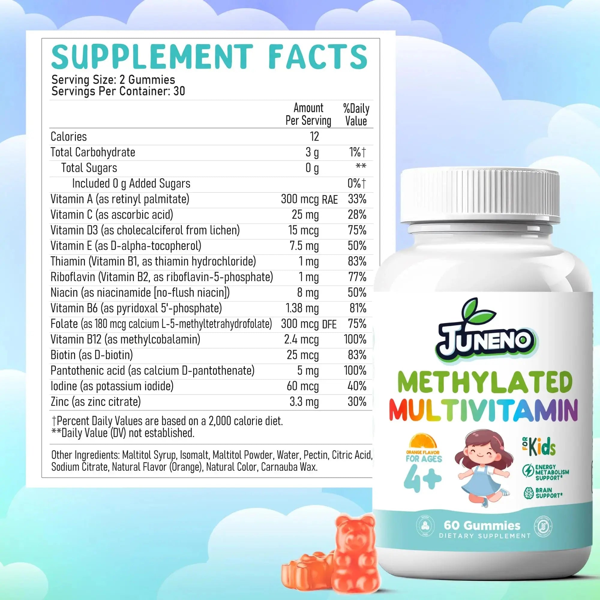 Juneno Methylated Multivitamin Gummies for Kids - MTHFR Support Supplement with B Complex 5-MTHF Folate (L-Methylfolate) Juneno Au supplements