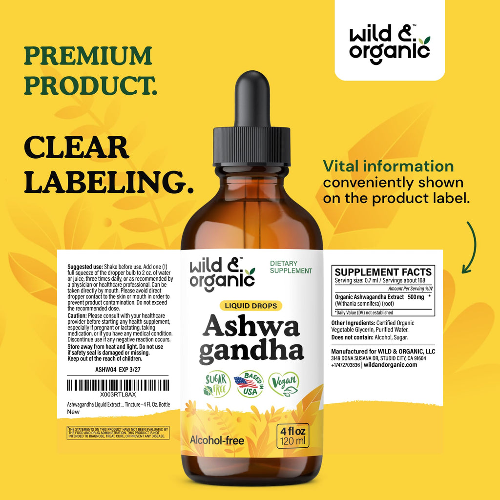 Wild & Organic Ashwagandha Drops - Mood Support & Positive Energy - 500 mg Ashwagandha for Women & Men - Add to Tea Liquid Extract for Relaxation - Non-GMO, Sugar & Alcohol-Free Tincture - 4 fl oz Wild & Organic Au supplements