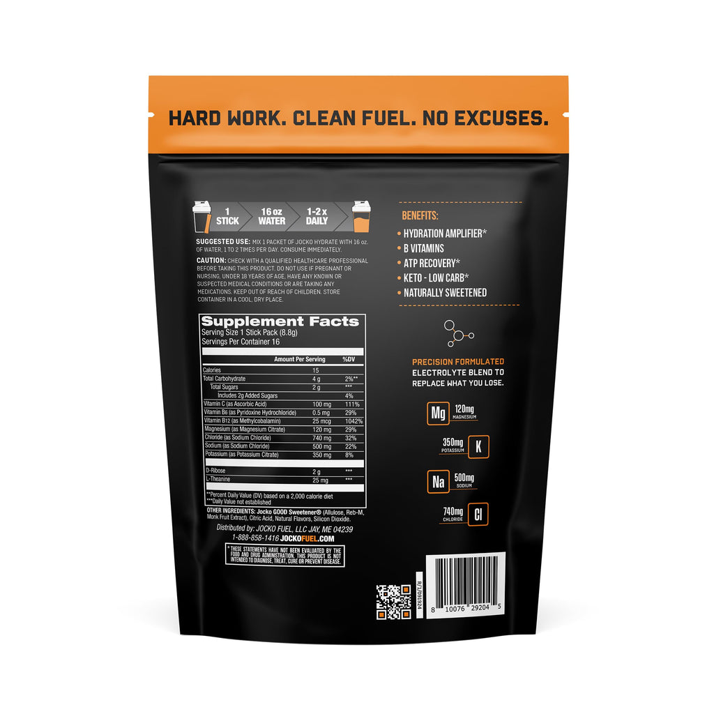 Jocko Fuel Hydrate Electrolytes Powder Packets Low Sugar - Hydration Amplifier Packets for Recovery, Dehydration, & Exercise - with Vitamins B6, B12 & C