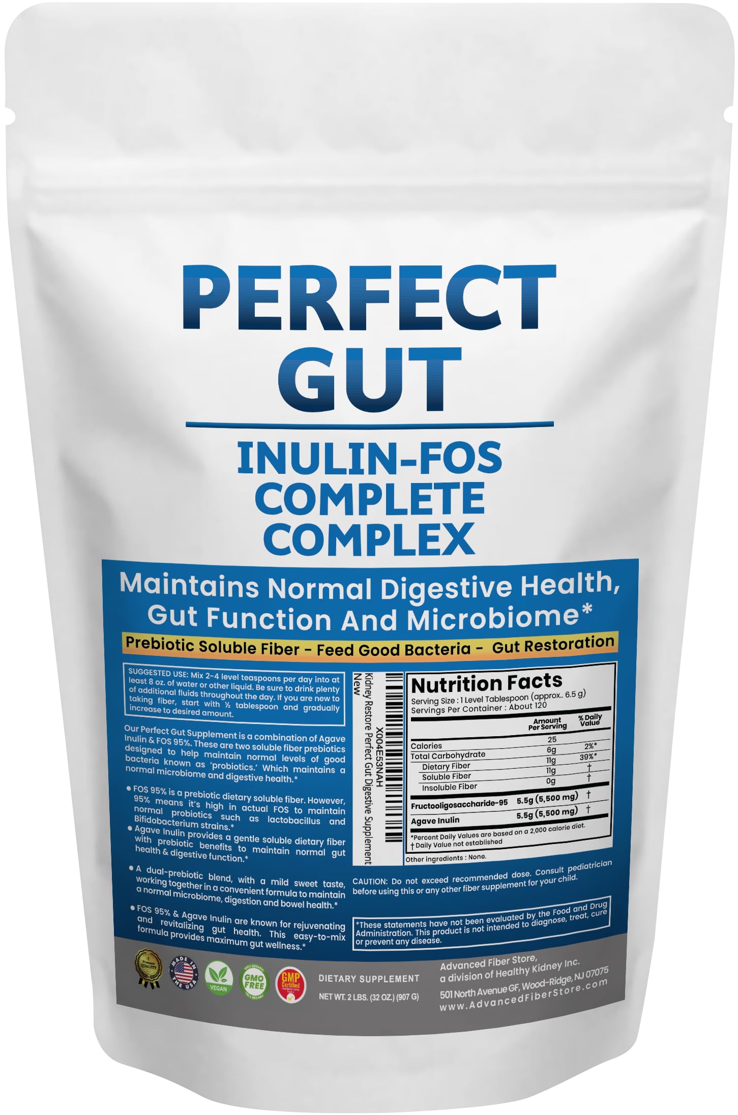 Perfect Gut: Inulin FOS Powder for Gut Health. Prebiotic Inulin. Unique Prebiotic 95% FOS Inulin Agave Fiber
