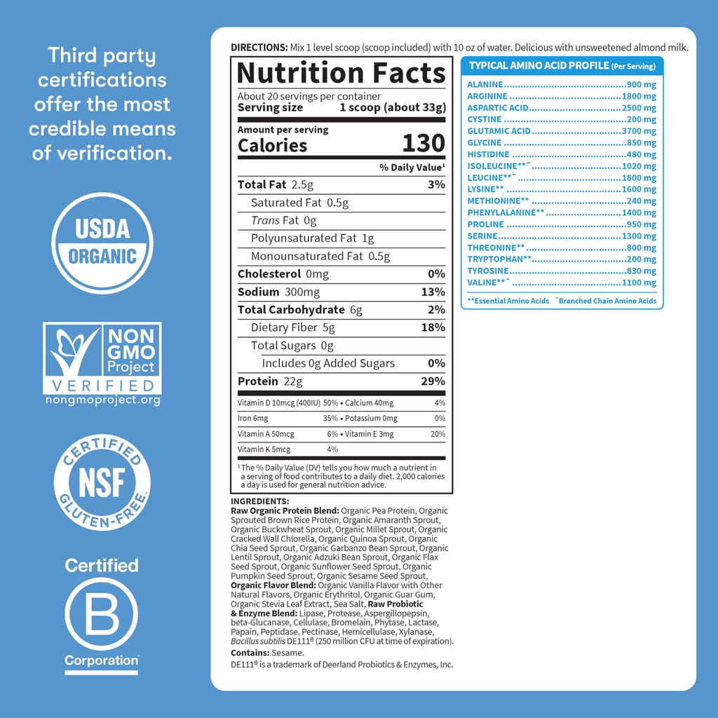 Garden Of Life Protein Powder, Vegan Protein Powder, Bcaa, Probiotics & Digestive Enzymes, Gluten & Lactose Free, Vanilla, 23.28 Ounce