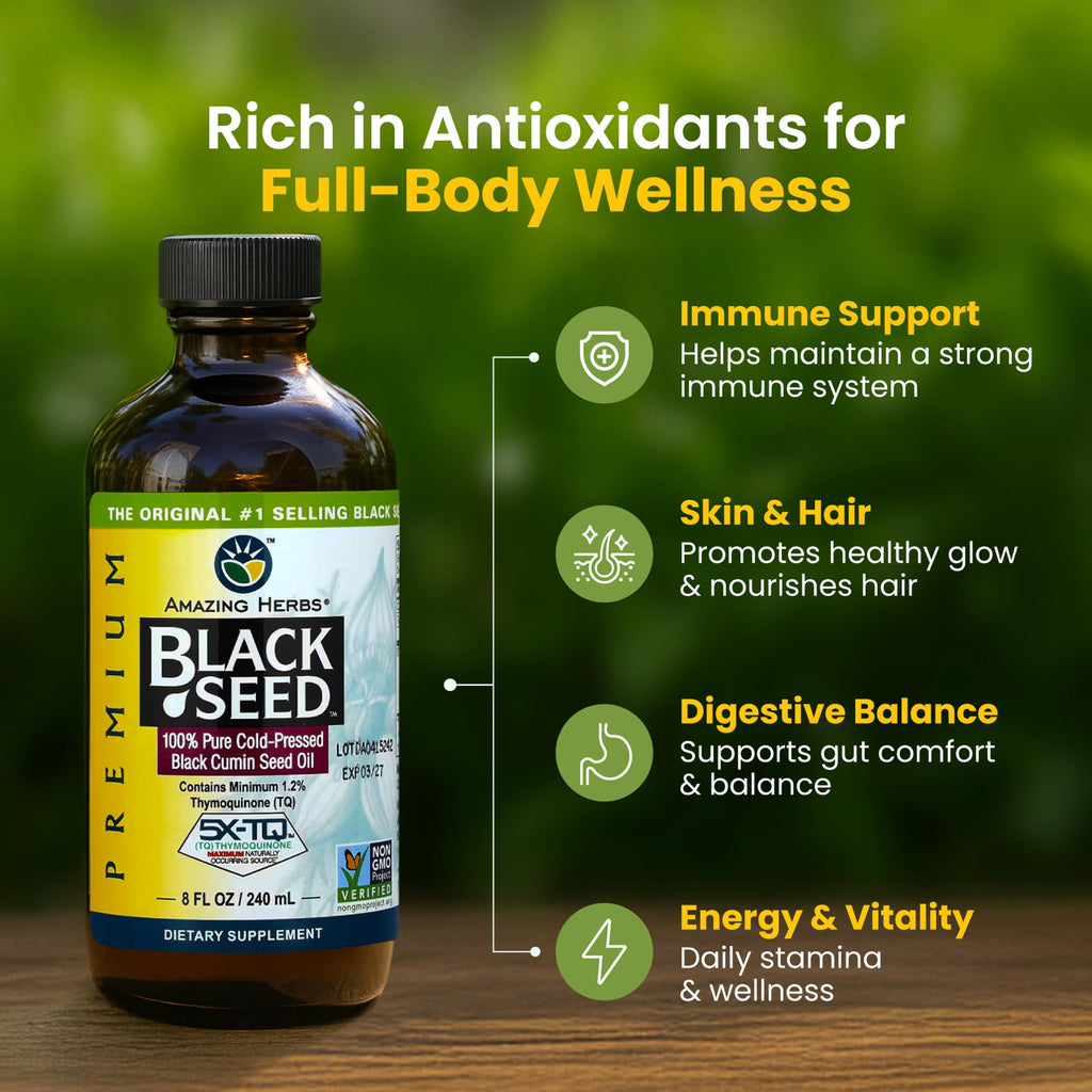 Amazing Herbs Premium Liquid Black Seed Oil - Cold Pressed with Nigella & Sativa, Aids in Digestive Health, Omegas 3 6 & 9, Immune Support, Brain Function