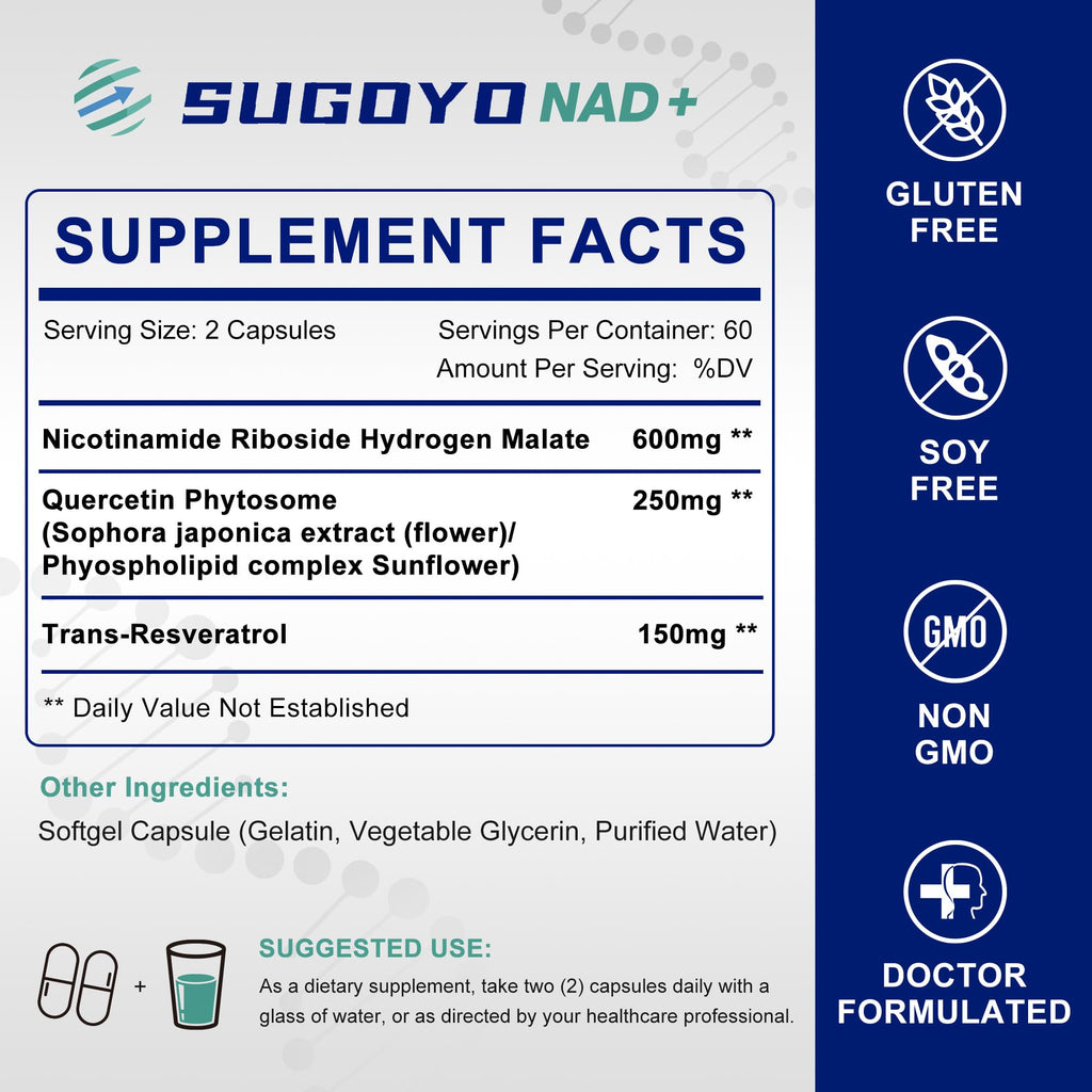 SUGOYO NAD+ Supplement 1000mg Liposomal Nicotinamide Riboside Enhanced with Resveratrol & Quercetin, Anti-Aging & Energy Boost, NMN Alternative, NAD Supplement for Women & Men (60 Count (Pack of 1)) SUGOYO Au supplements