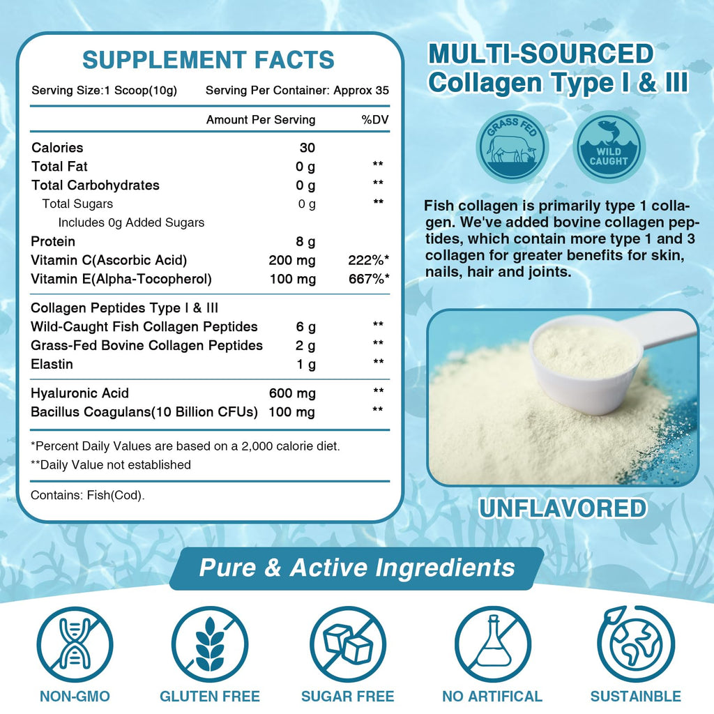 NATURE TARGET Marine Collagen Peptides Powder - Type I & III Collagen with Probiotics, Vitamin C & Hyaluronic Acid for Skin, Hair, Nails