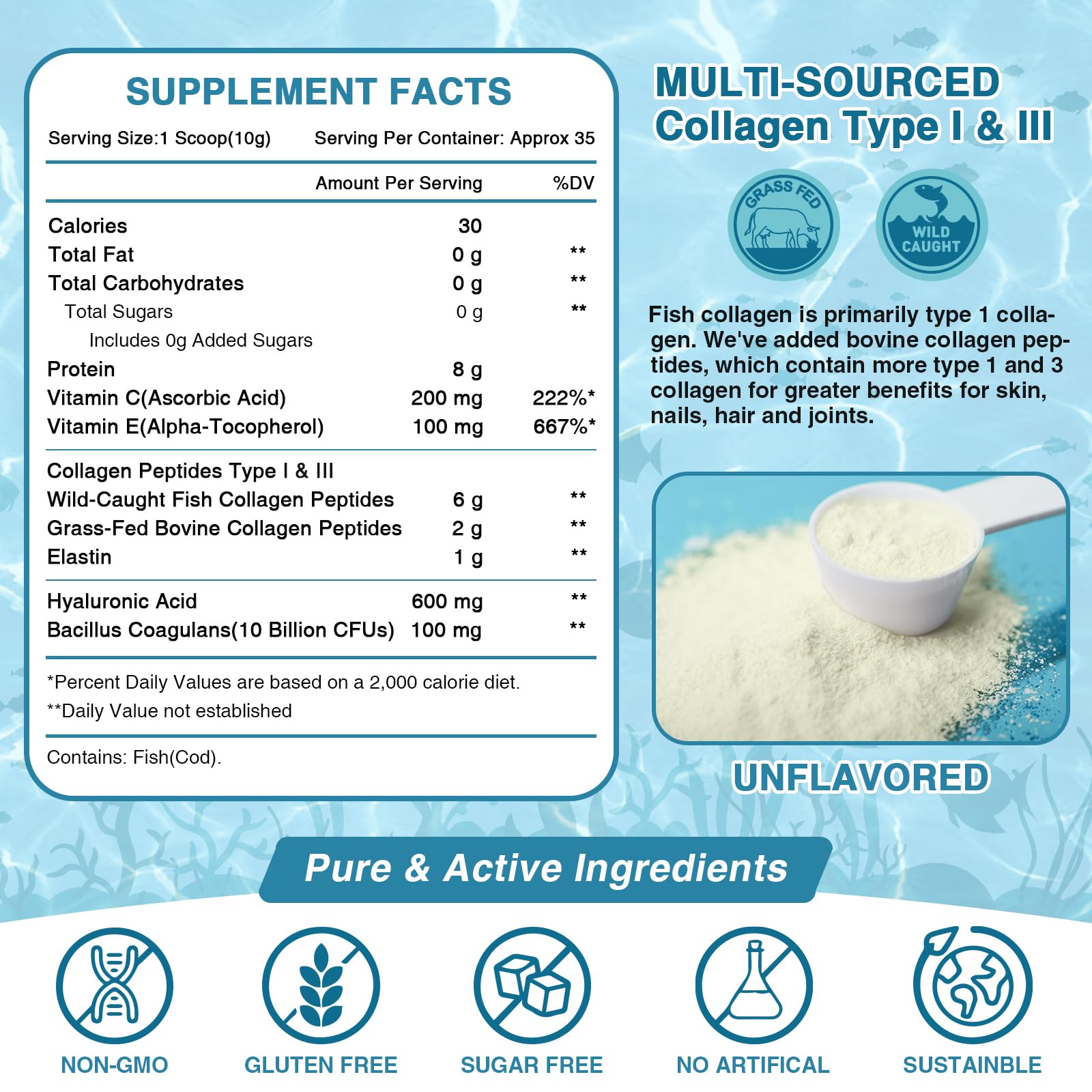 NATURE TARGET Marine Collagen Peptides Powder - Type I & III Collagen with Probiotics, Vitamin C & Hyaluronic Acid for Skin, Hair, Nails