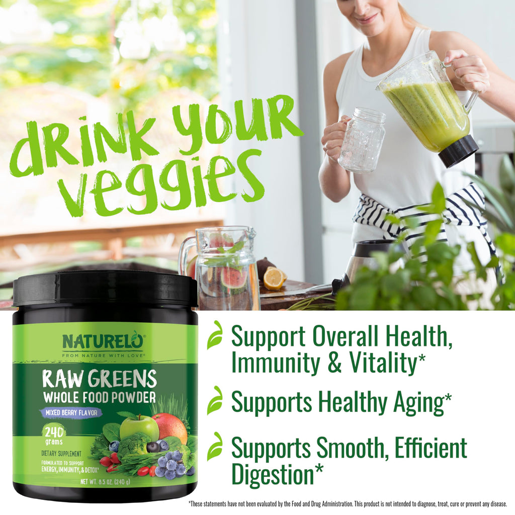 NATURELO Raw Greens Superfood Powder 240 Grams, Mixed Berry - Supports Energy, Immunity and Detox - Includes Spirulina, Wheat Grass and Organic Greens for Whole Food Nutrition