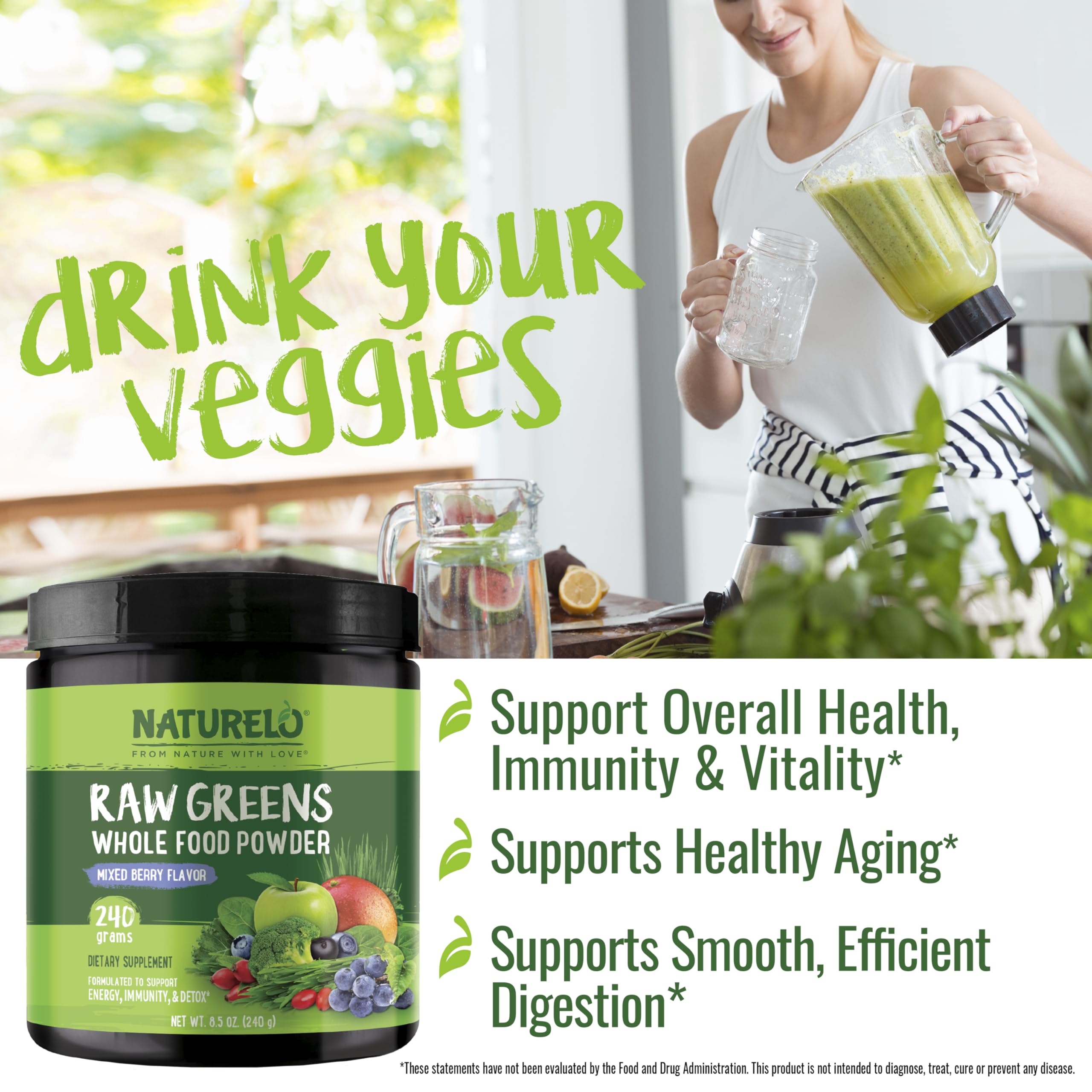 NATURELO Raw Greens Superfood Powder 240 Grams, Mixed Berry - Supports Energy, Immunity and Detox - Includes Spirulina, Wheat Grass and Organic Greens for Whole Food Nutrition