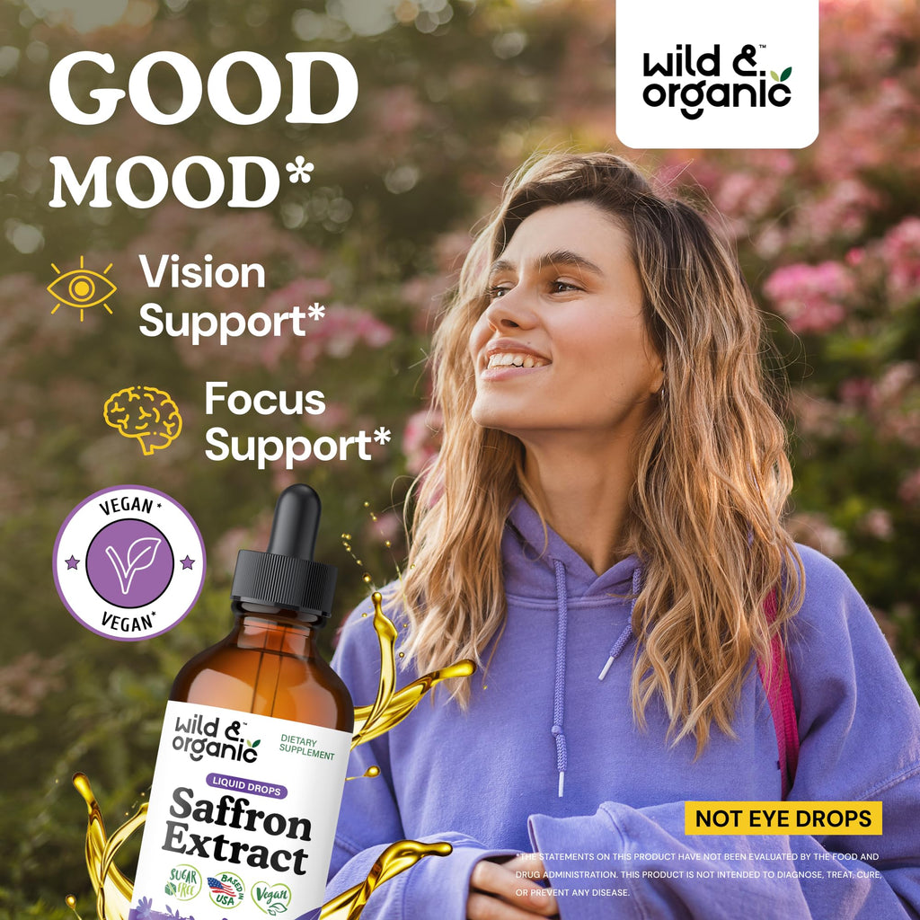 Wild & Organic Saffron Supplements 88.5 mg - Mood, Focus & Eye Support - Saffron Extract Liquid Drops - Add to Tea - 5-Month Supply - Crocus Sativus Herb