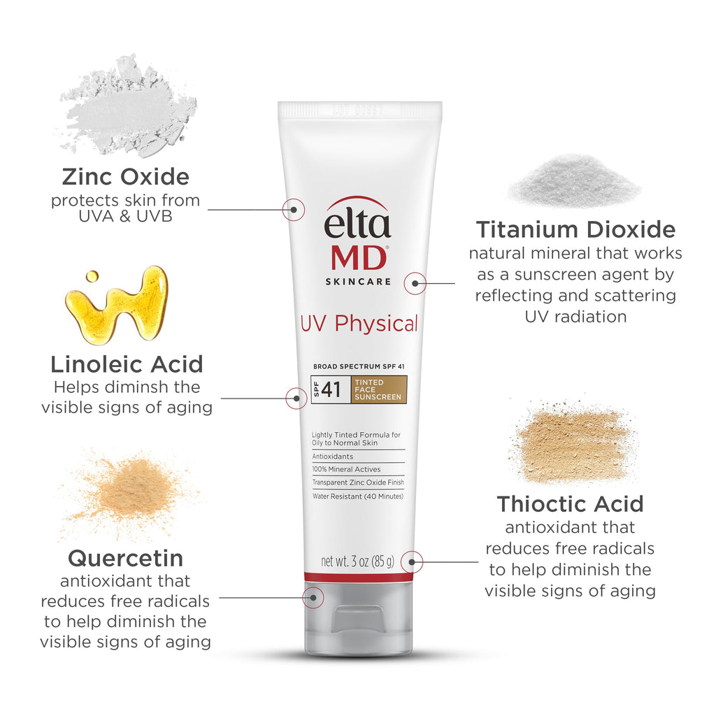 EltaMD UV Physical Tinted Mineral Sunscreen for Face SPF 41, 100% Mineral Actives Tinted Face Lotion, Water Resistant, Paraben-Free