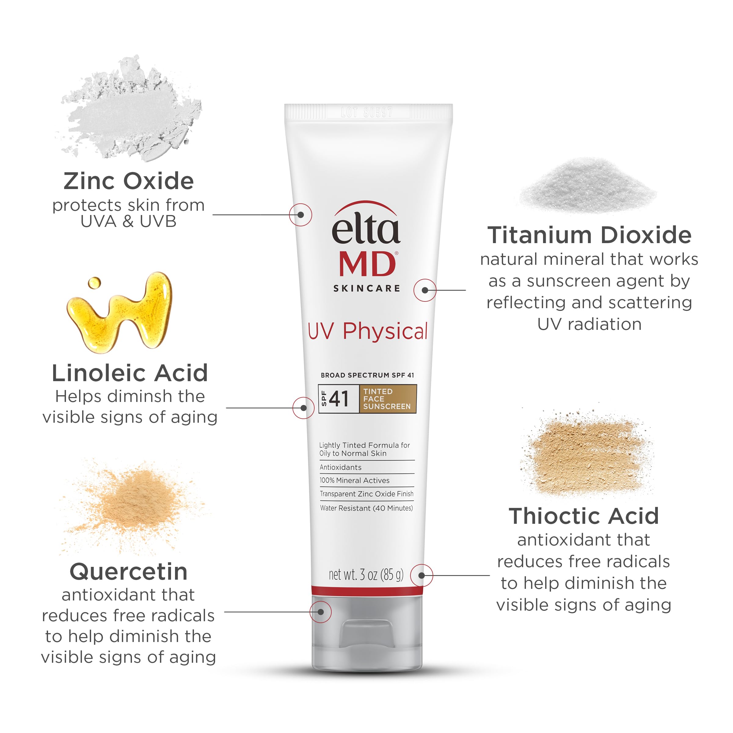 EltaMD UV Physical Tinted Mineral Sunscreen for Face SPF 41, 100% Mineral Actives Tinted Face Lotion, Water Resistant, Paraben-Free