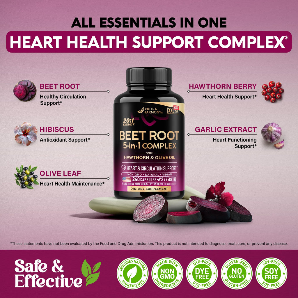Beet Root 5-in-1 Complex Capsules - Healthy Blood Pressure Support Supplement** for Heart & Circulation Support - with Hawthorn Berry, Hibiscus & Garlic