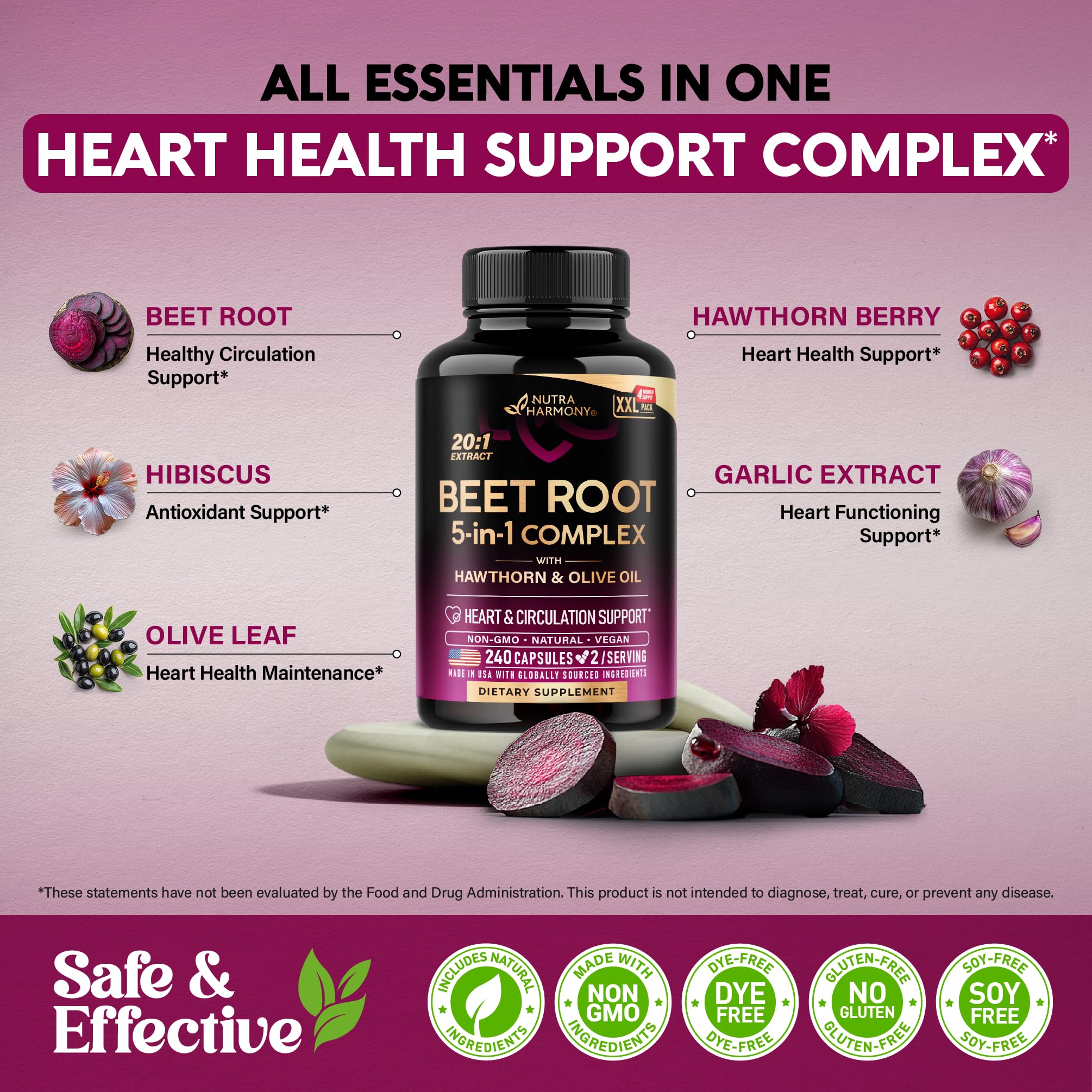Beet Root 5-in-1 Complex Capsules - Healthy Blood Pressure Support Supplement** for Heart & Circulation Support - with Hawthorn Berry, Hibiscus & Garlic