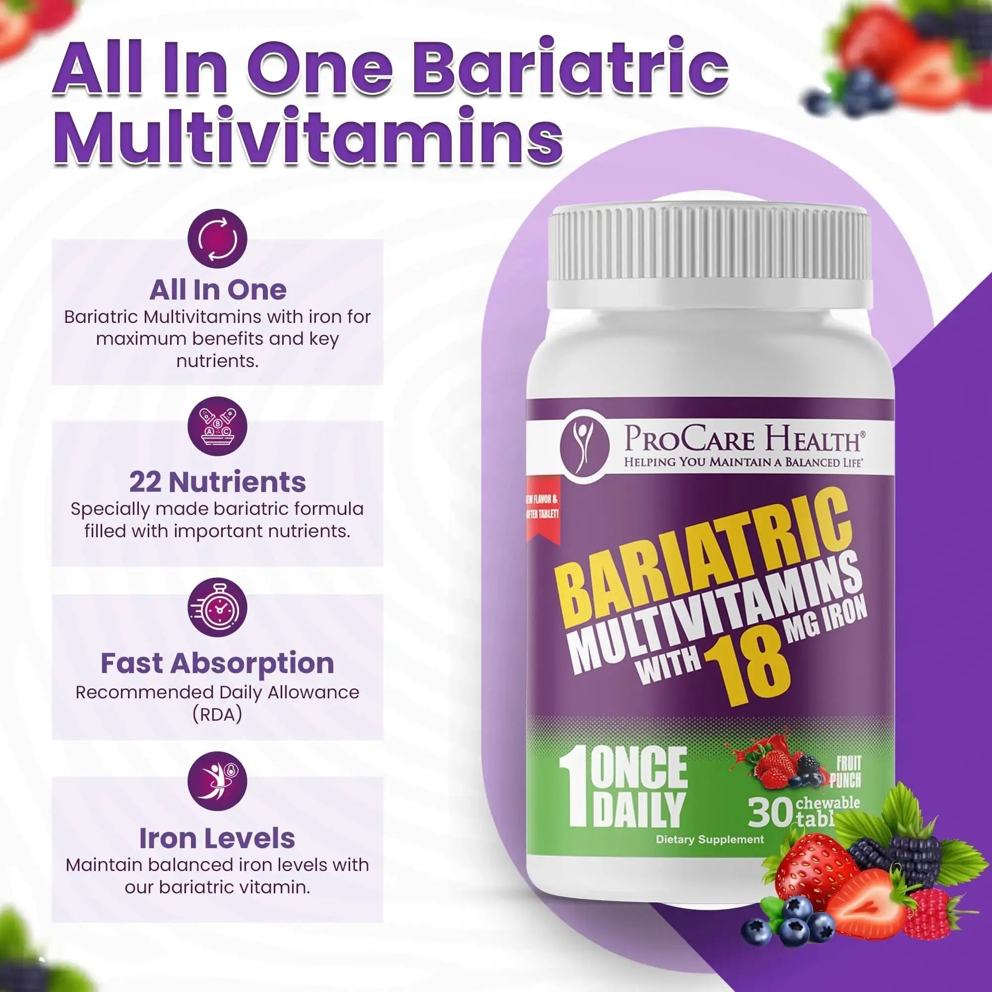 ProCare Health Bariatric Chewable Multivitamin with Iron 18mg (30 Tablets) - Fruit Punch Flavor Bariatric Multivitamin Chewable ProCare Health Au supplements