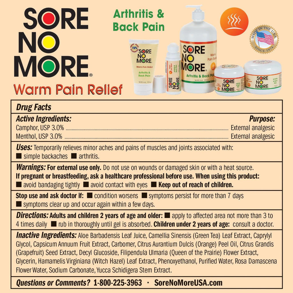 Sore No More Warm Arthritis Pain Relief Cream – Targeted Reliever for Back, Neck, Hands & Feet – Soothing & Fast-Acting Formula for Aches and Pains – Non-Greasy with Orange Aroma – 8 oz Sore No More Au supplements