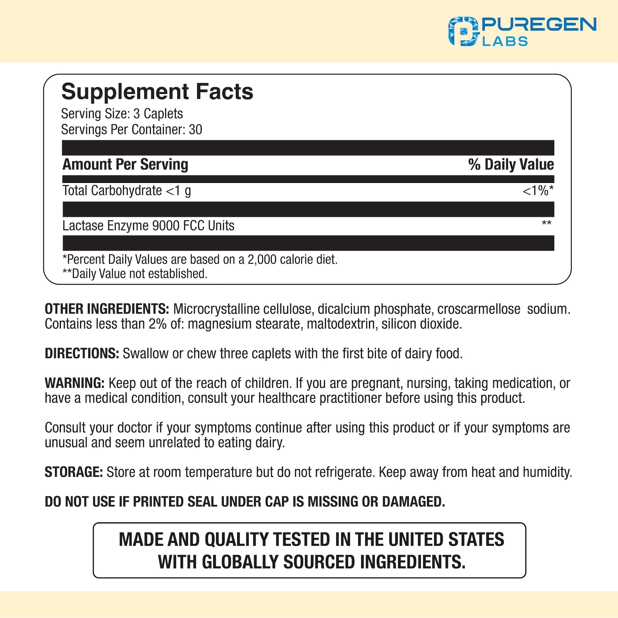 Puregen Labs Dairy Relief Natural Fast Acting Lactase Enzyme 3000 FCC, Lactose Intolerance Pills 90 Caplets