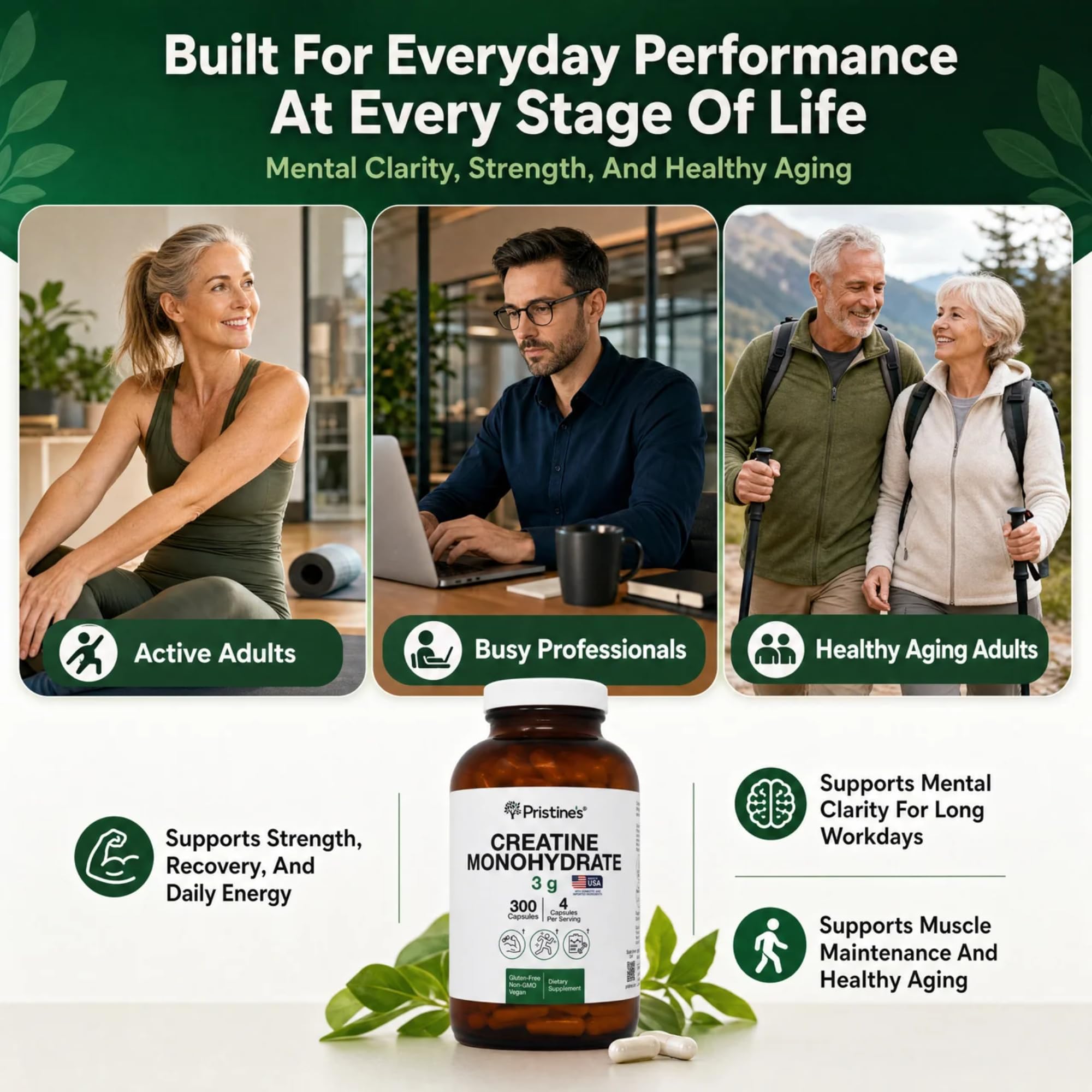 PRISTINE'S Creatine Monohydrate Capsules for Women & Men - NSF Certified 75 Day Supply 3G Creatine Pills for Women - Cognitive & Athletic Performance Support