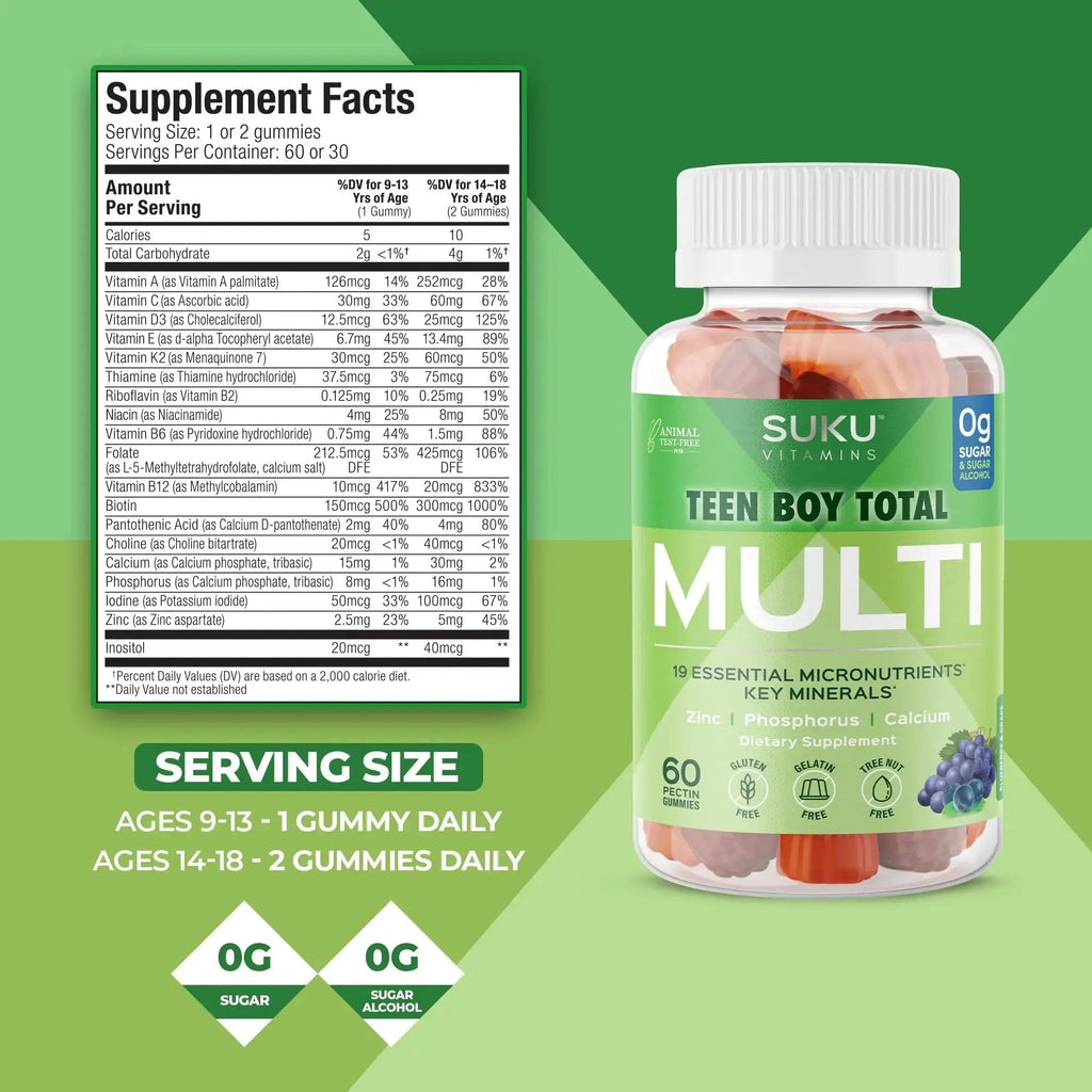SUKU Teen Boy Multivitamin Gummies – Vitamins A, B12, C, D3, E, Zinc & Biotin – Sugar-Free Vegetarian Supplement SUKU Au supplements