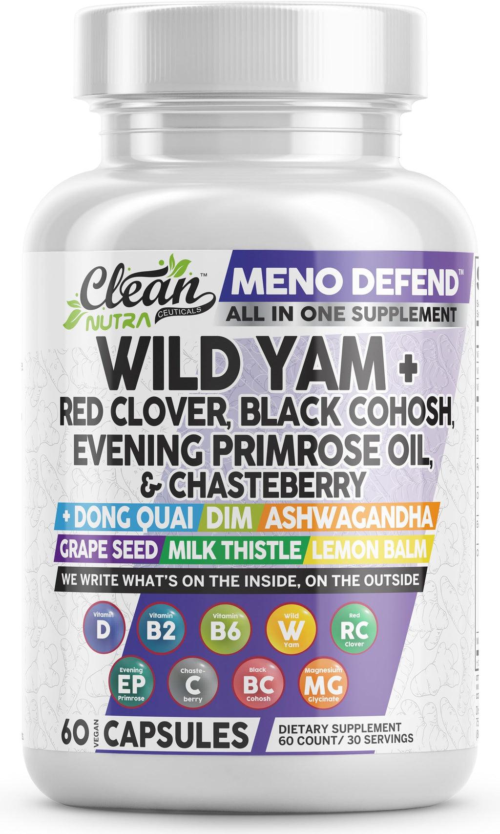 Clean Nutra Wild Yam Root Capsules with Red Clover Black Cohosh Evening Primrose Oil Chasteberry Dong Quai DIM Ashwagandha Grape Seed Extract Milk Thistle Lemon Balm