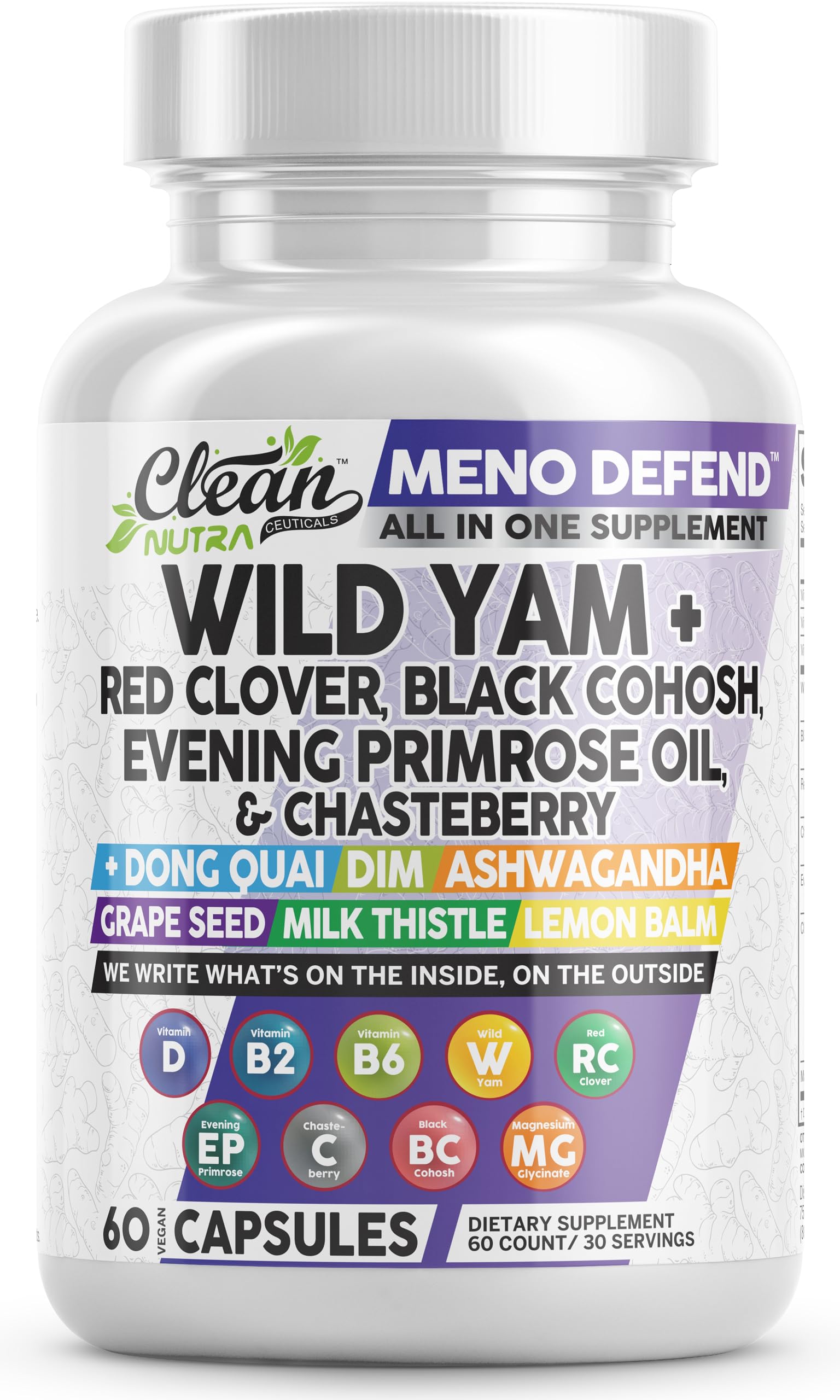 Clean Nutra Wild Yam Root Capsules with Red Clover Black Cohosh Evening Primrose Oil Chasteberry Dong Quai DIM Ashwagandha Grape Seed Extract Milk Thistle Lemon Balm