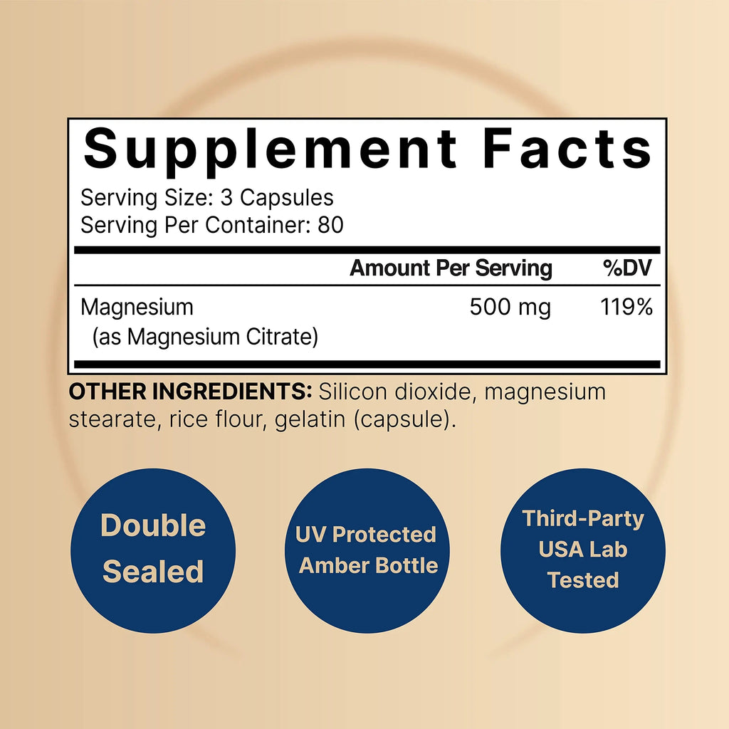 Magnesium Citrate 500mg, 240 Capsules (Citrato de Magnesio) | High Purity Elemental NatureBell Au supplements